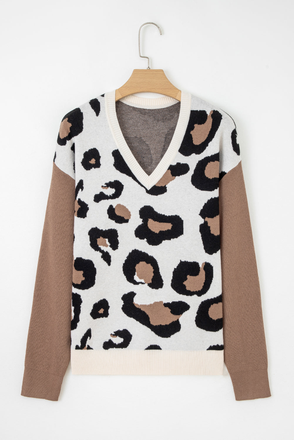 Leopard-Print Colorblock Patchwork Sleeve V-Neck Knit Top