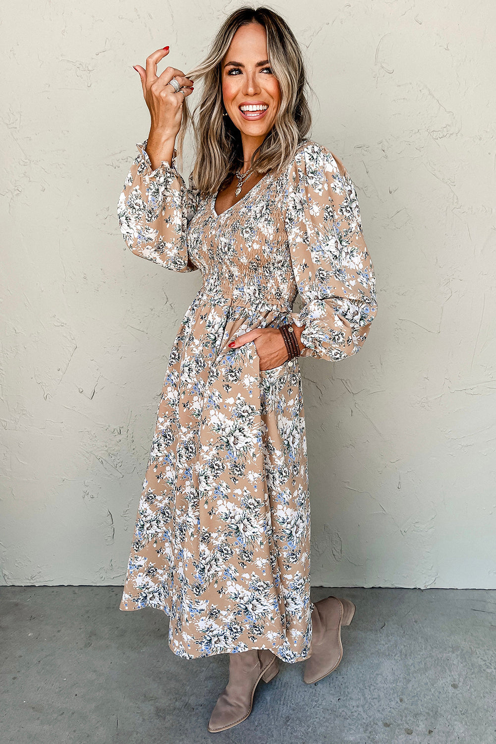 Floral Maple Grove Smocked Puff Sleeve Long Dress