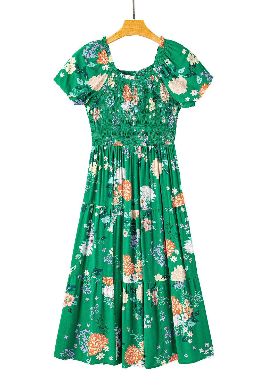 Robe midi smockée à plusieurs niveaux et imprimé floral vert