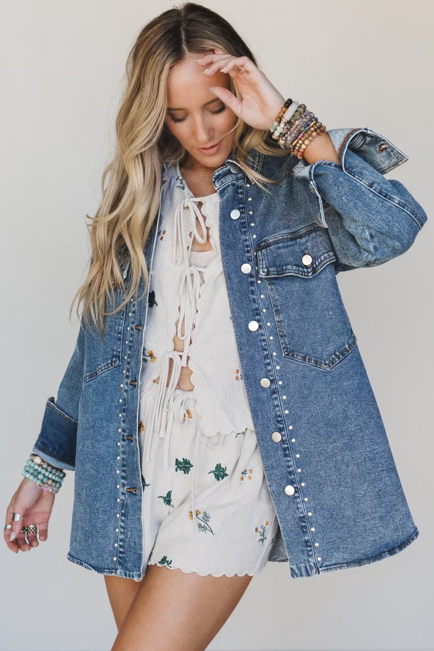 Rivet Sail Blue Embellished Western Style Timeless Fit Denim Jacket