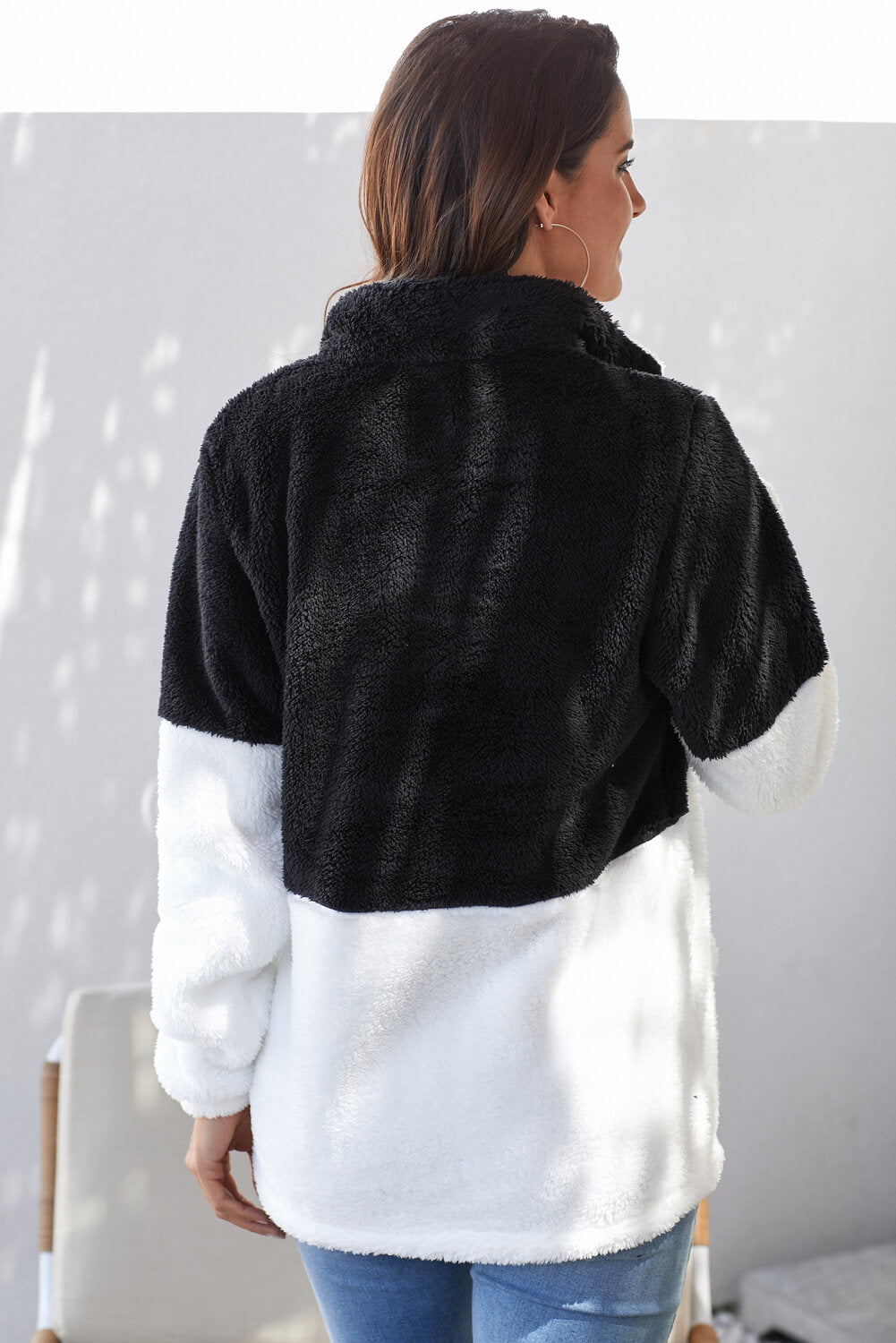 Pullover for Women Women Black White Zip Neck Oversize Fluffy Fleece