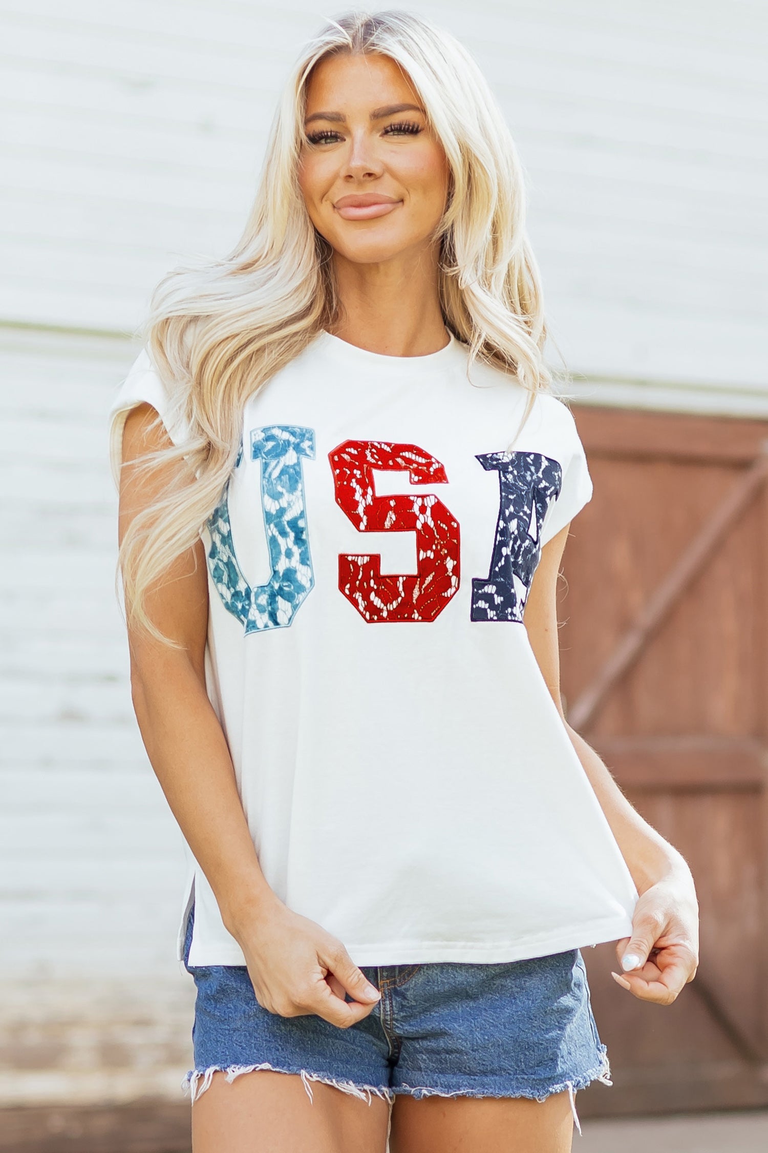 USA Printed Colorblock Letter Dolman Tee in White