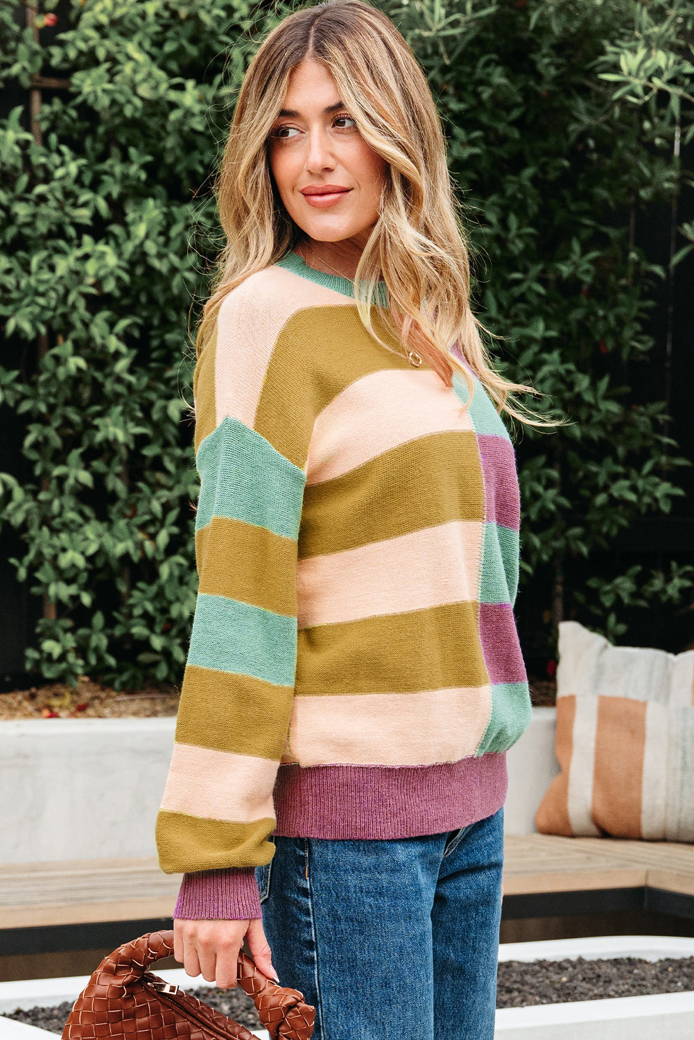 Drop-Shoulder Rib-Knit Stripe Rib-Knit Edge Everyday Knit Top in Green