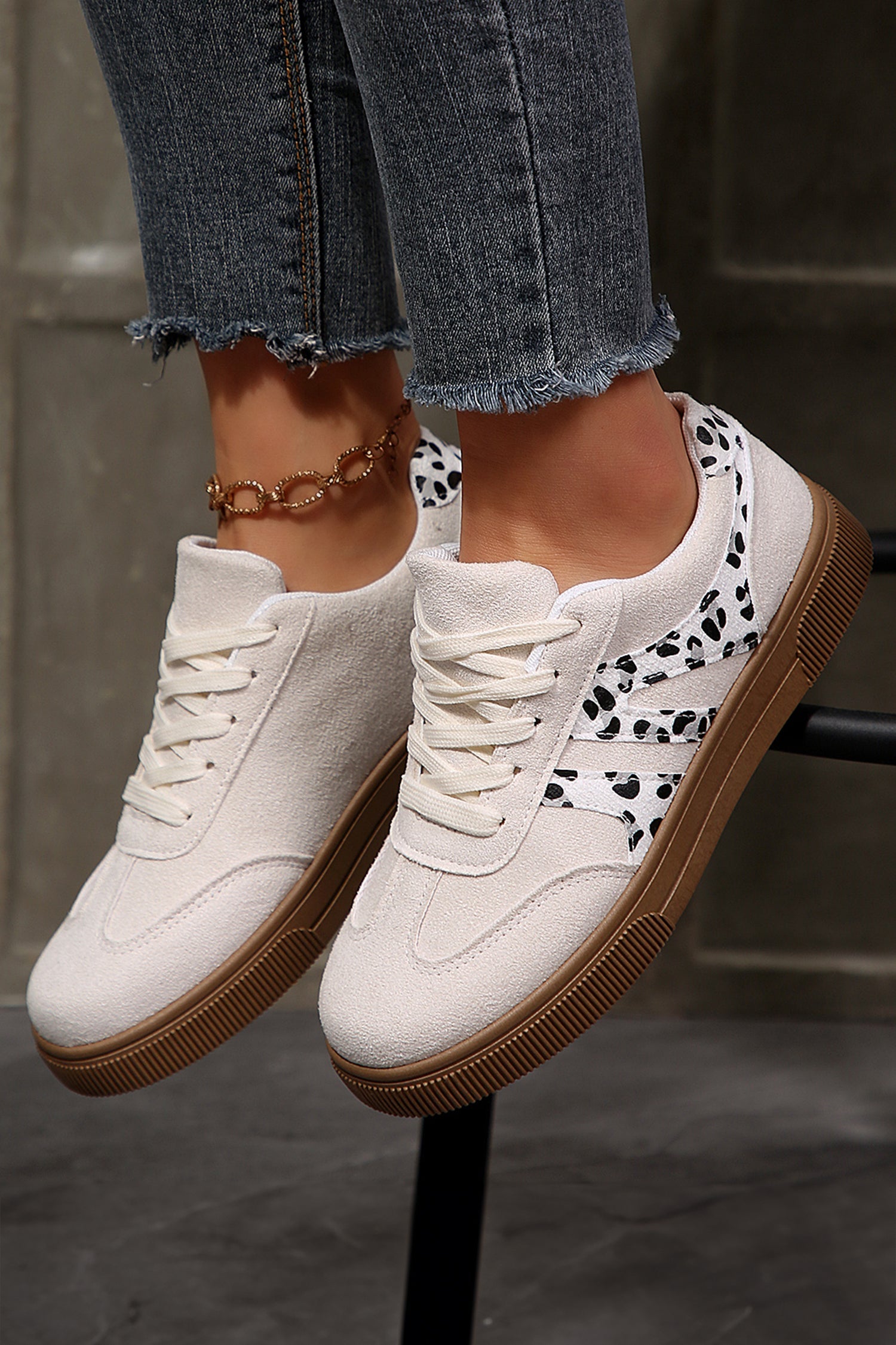 Suede Leopard Colorblock Trim Lace-up Everyday Shoes in White