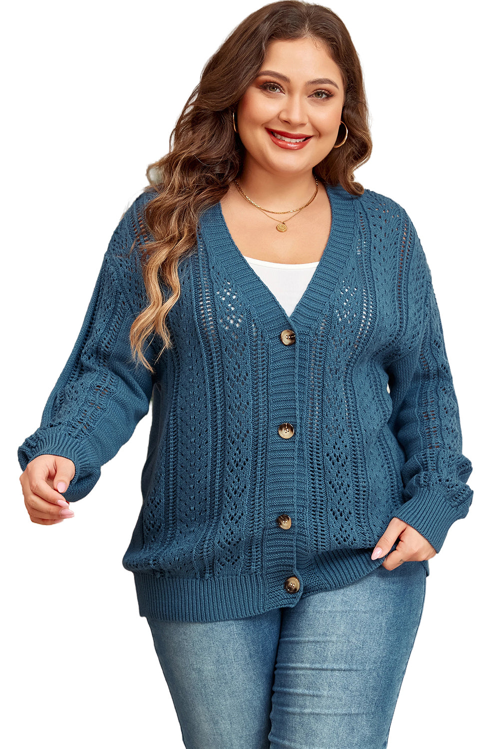 Cardigan ouvert en tricot à col en V et boutonné sur le devant à épaules tombantes, grande taille