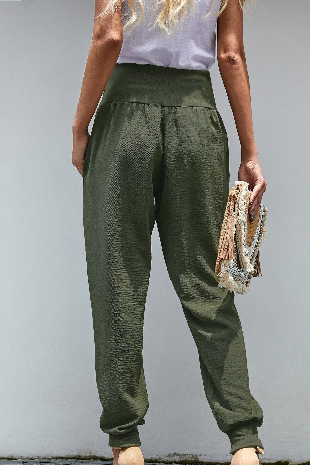 Women's Stretchy High Waistband Cotton Green Pocket-Detail Joggers