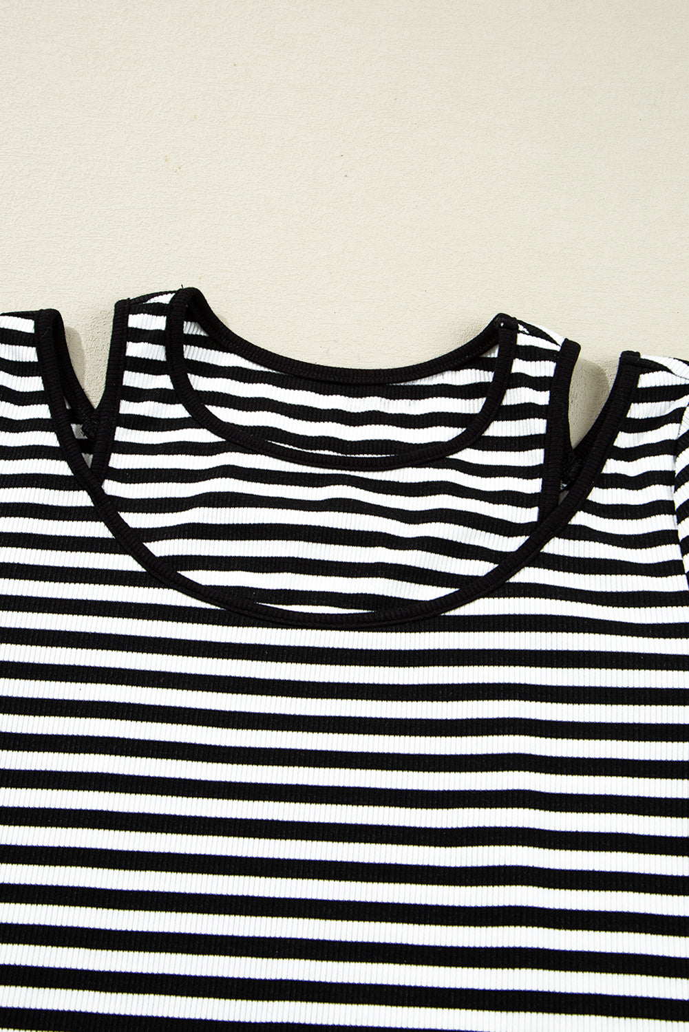 Stripe Double-layer Cold Shoulder Long-Sleeved Top in Black