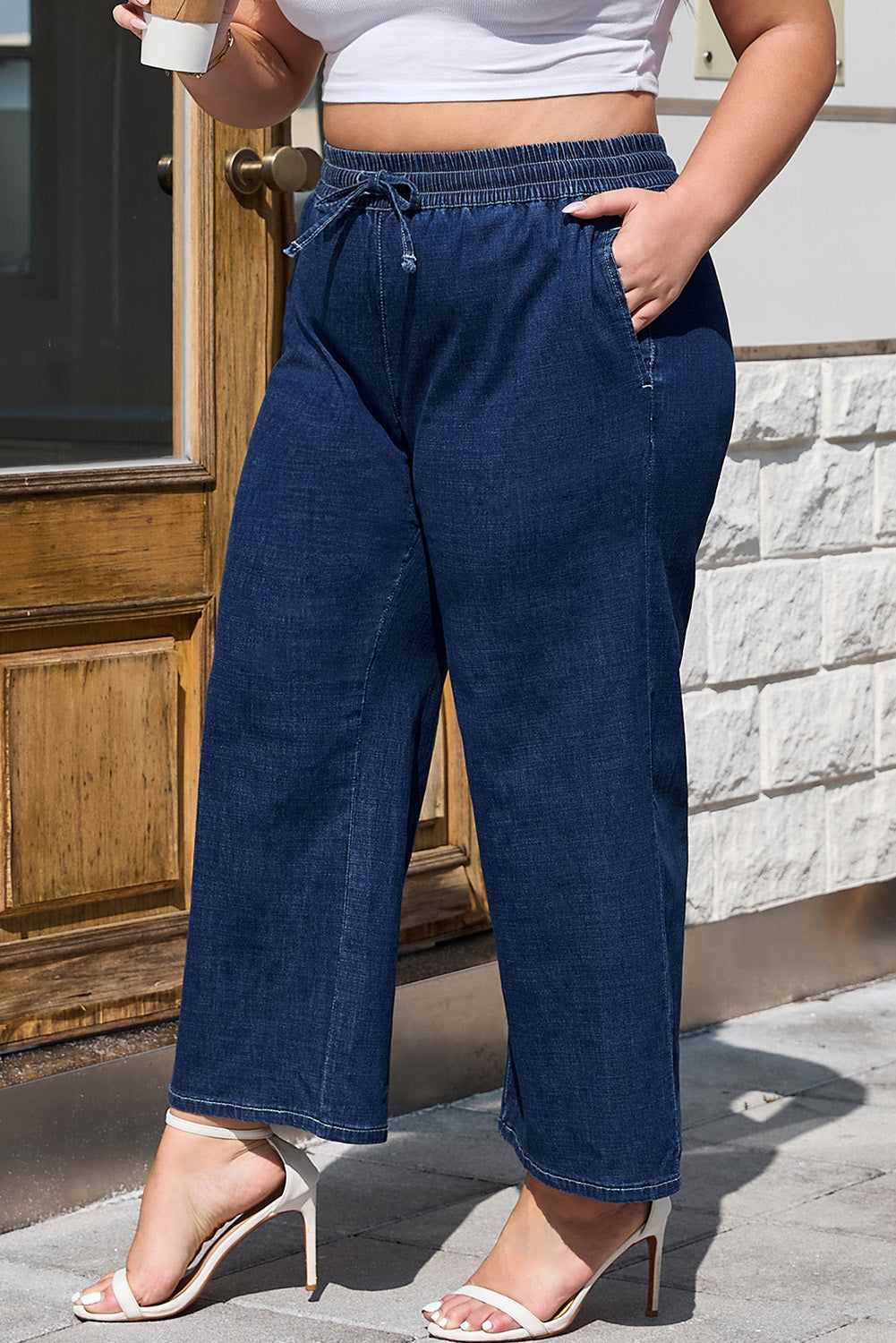 Plus High-Waisted Size Drawcord Wide-Leg Everyday Jeans in Real Teal