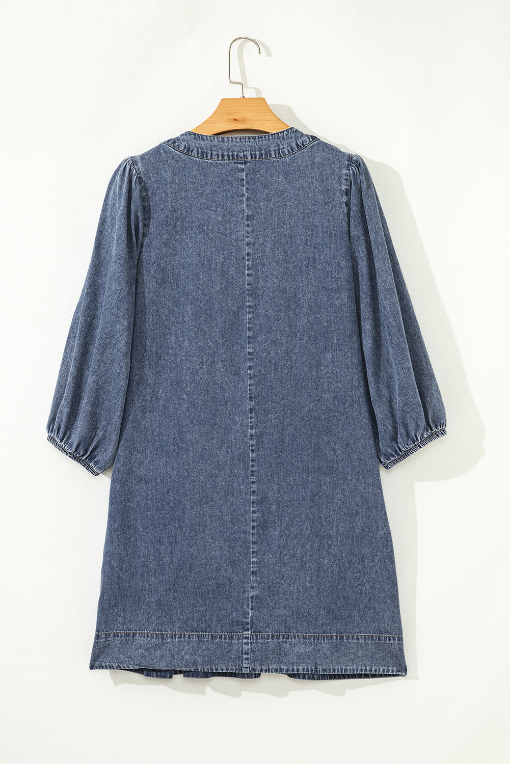 3/4 V-Neck Sleeve Tied Pleated Denim Mini Dress