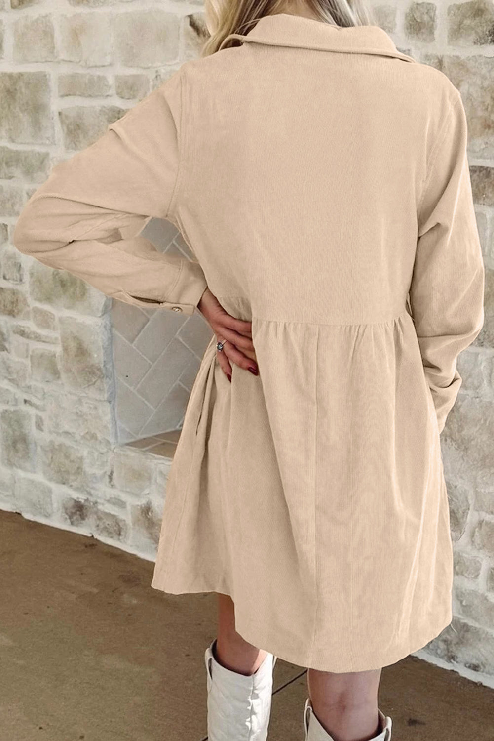 Button Corduroy Half Collared Long-Sleeved Mini Dress