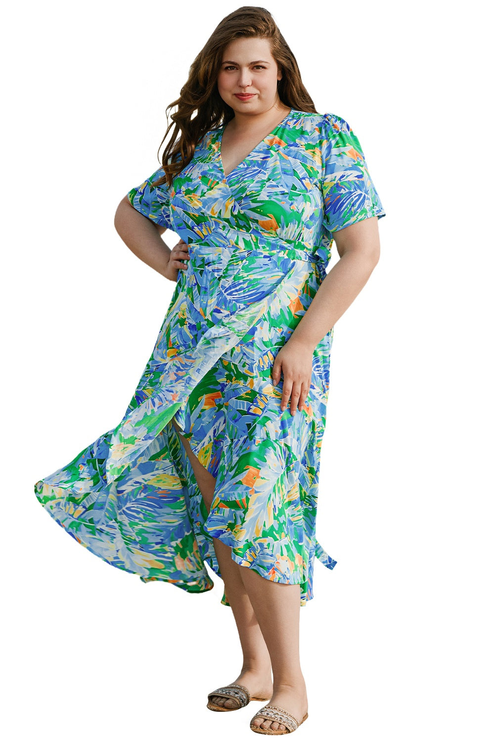 Leaves Print Ruffled Trim Plus Size Maxi Dress