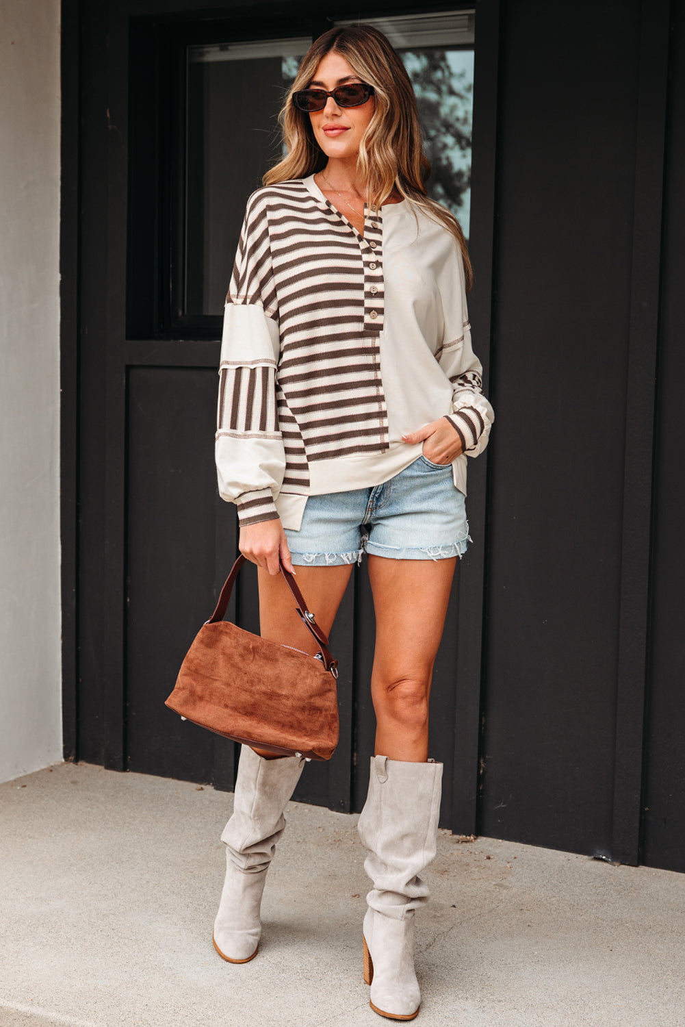 Patchwork Stripe Colorblock Roomy Pullover Top in Khaki