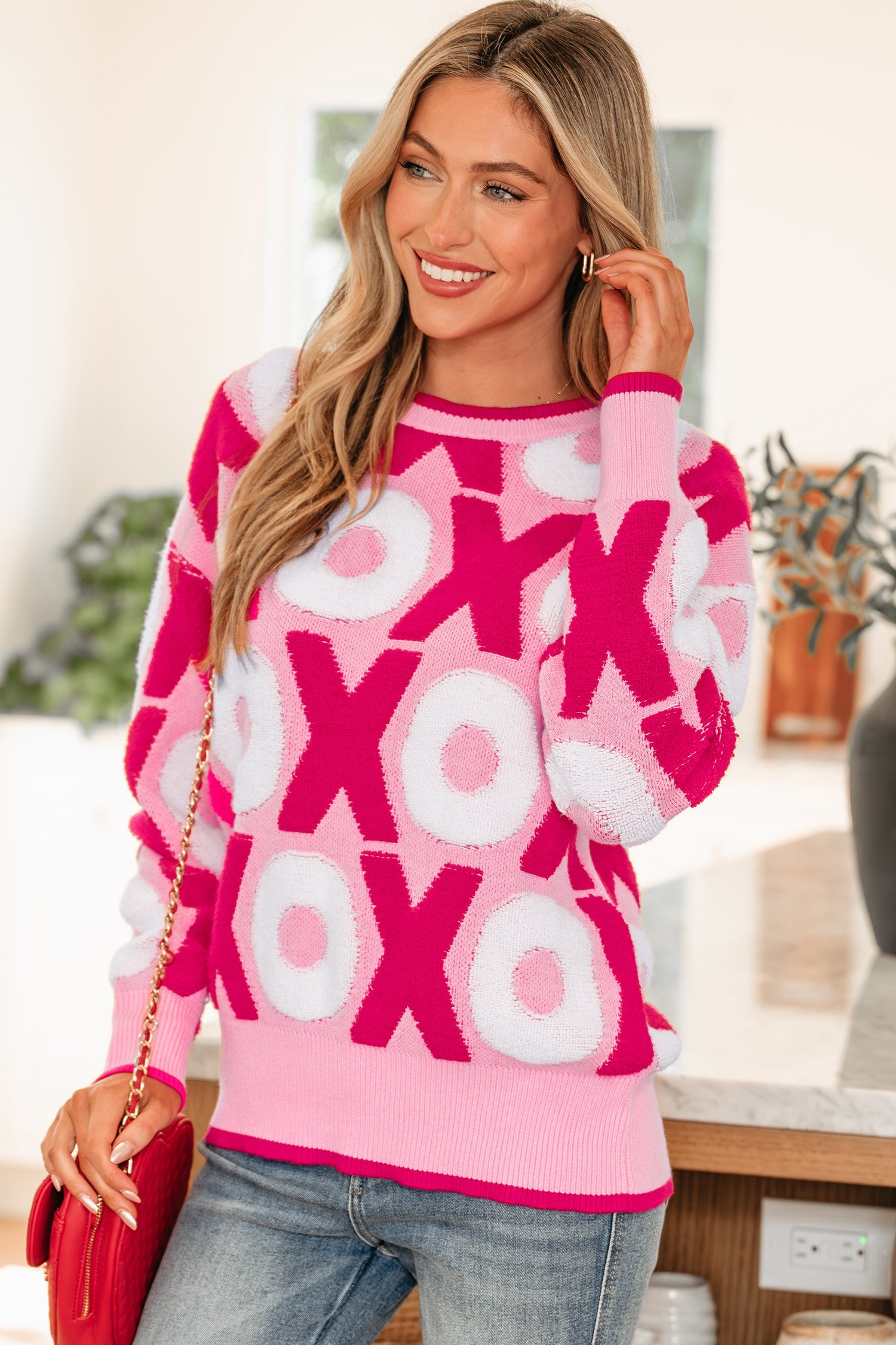 Pattern Drop-Shoulder XOXO Drop-Shoulder Crewneck Valentines Knit Top