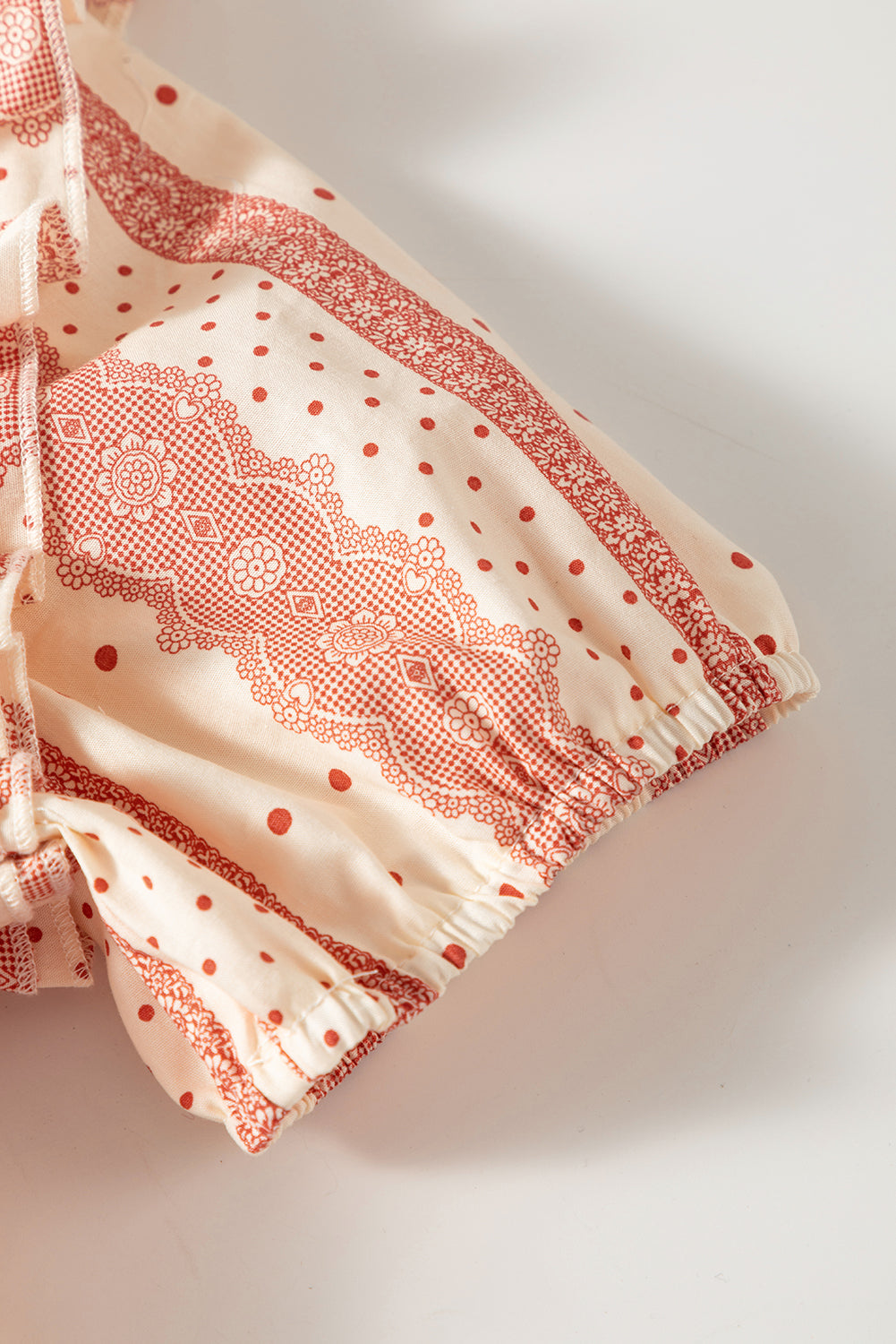 Women's Frill-Trimmed Short Balloon Sleeve Mixed Print Blouse
