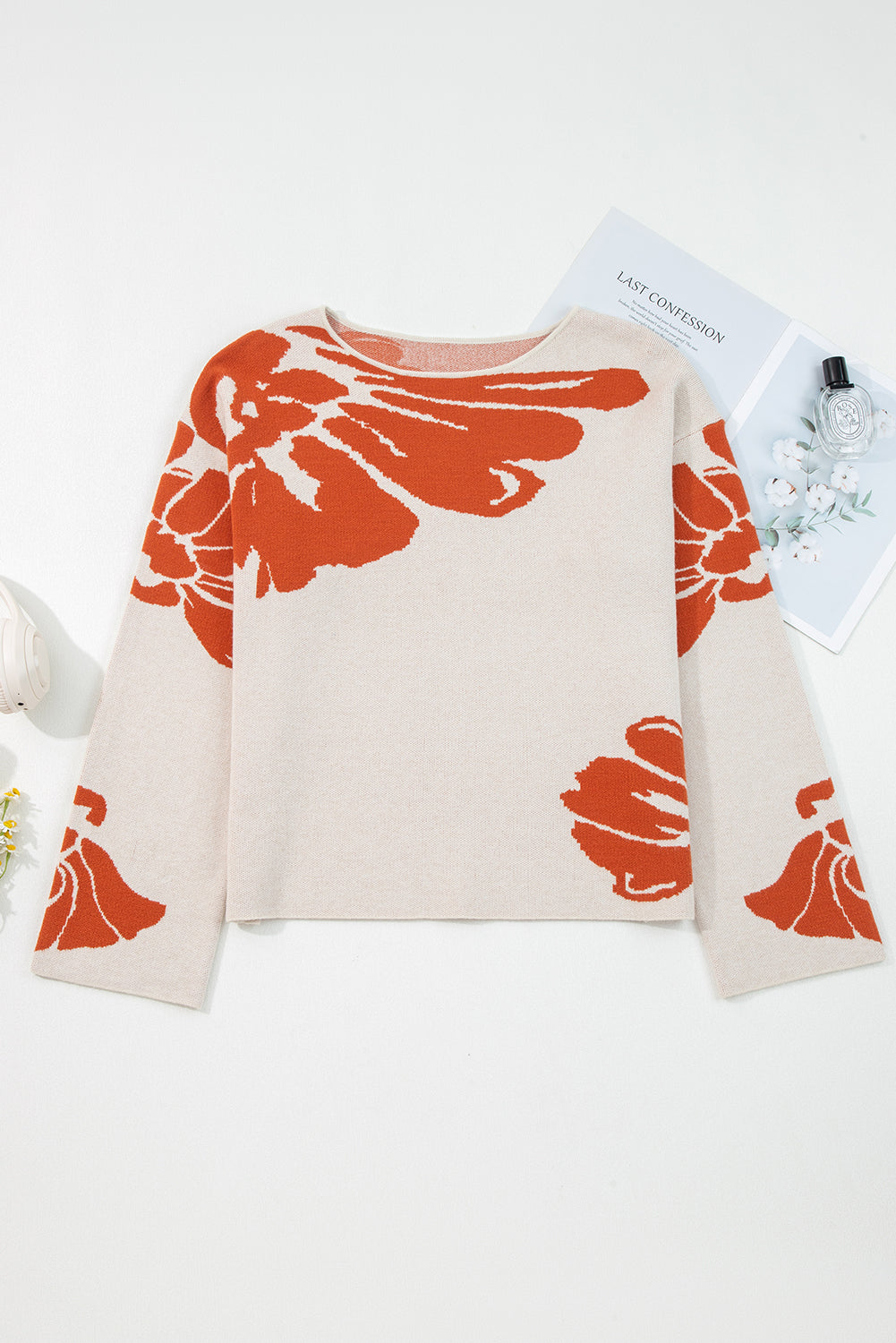 Bold Wide Flower Pattern Sleeve Baggy Knit Top
