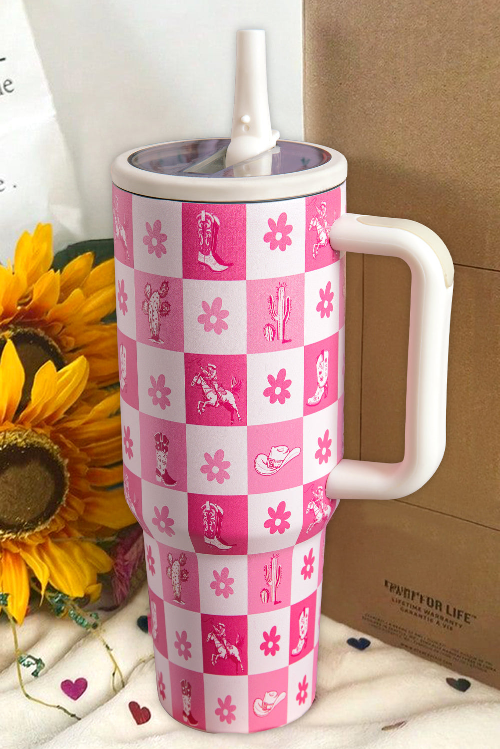 Western Checkered Pattern Flower Print Insulated Tumbler 40OZ