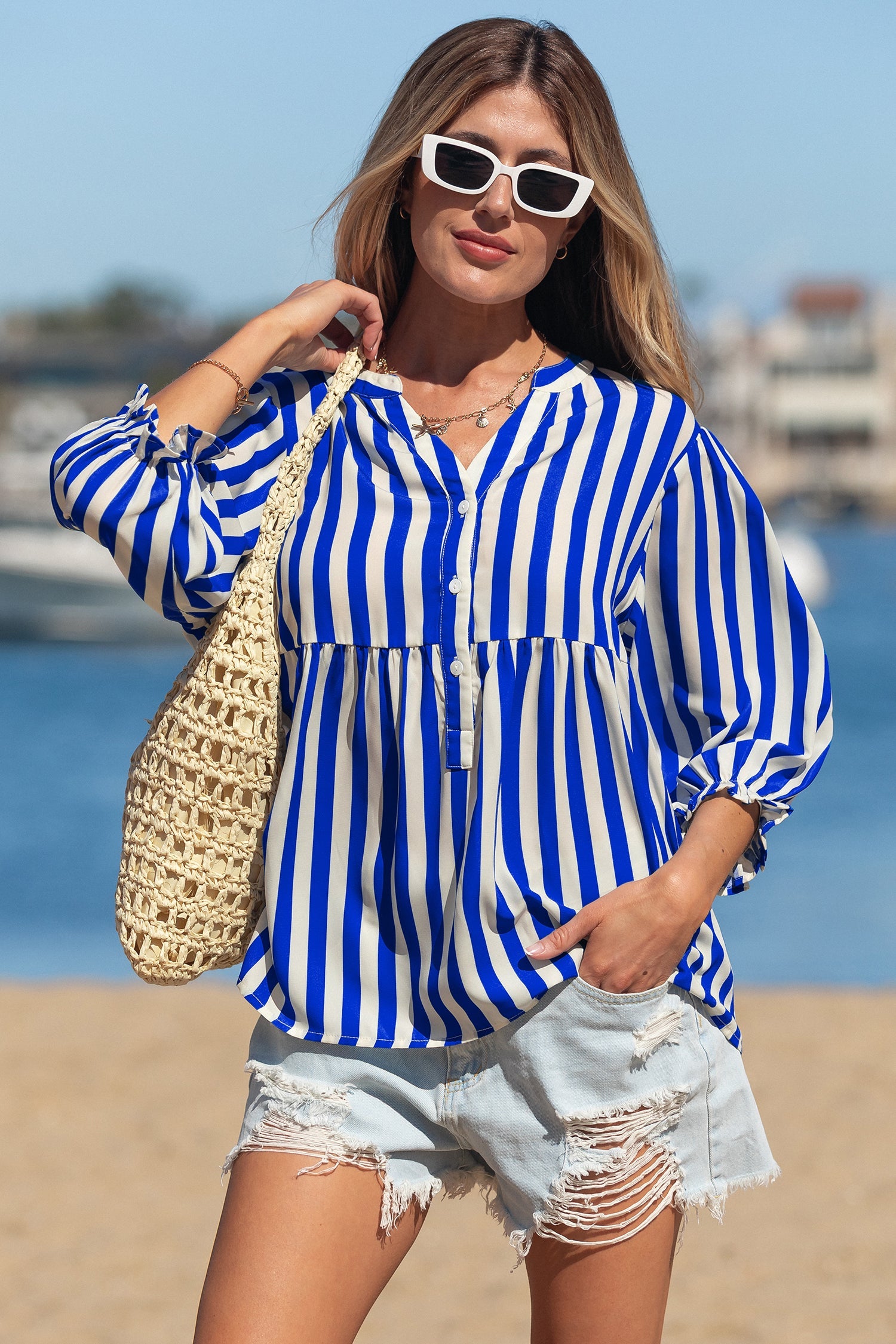 Balloon Sleeve Loose Button-Front Shirt
