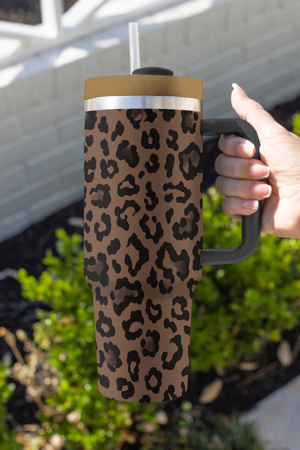 Handle Stainless Leopard-Print Stainless Steel Large Vacuum Cup 40oz