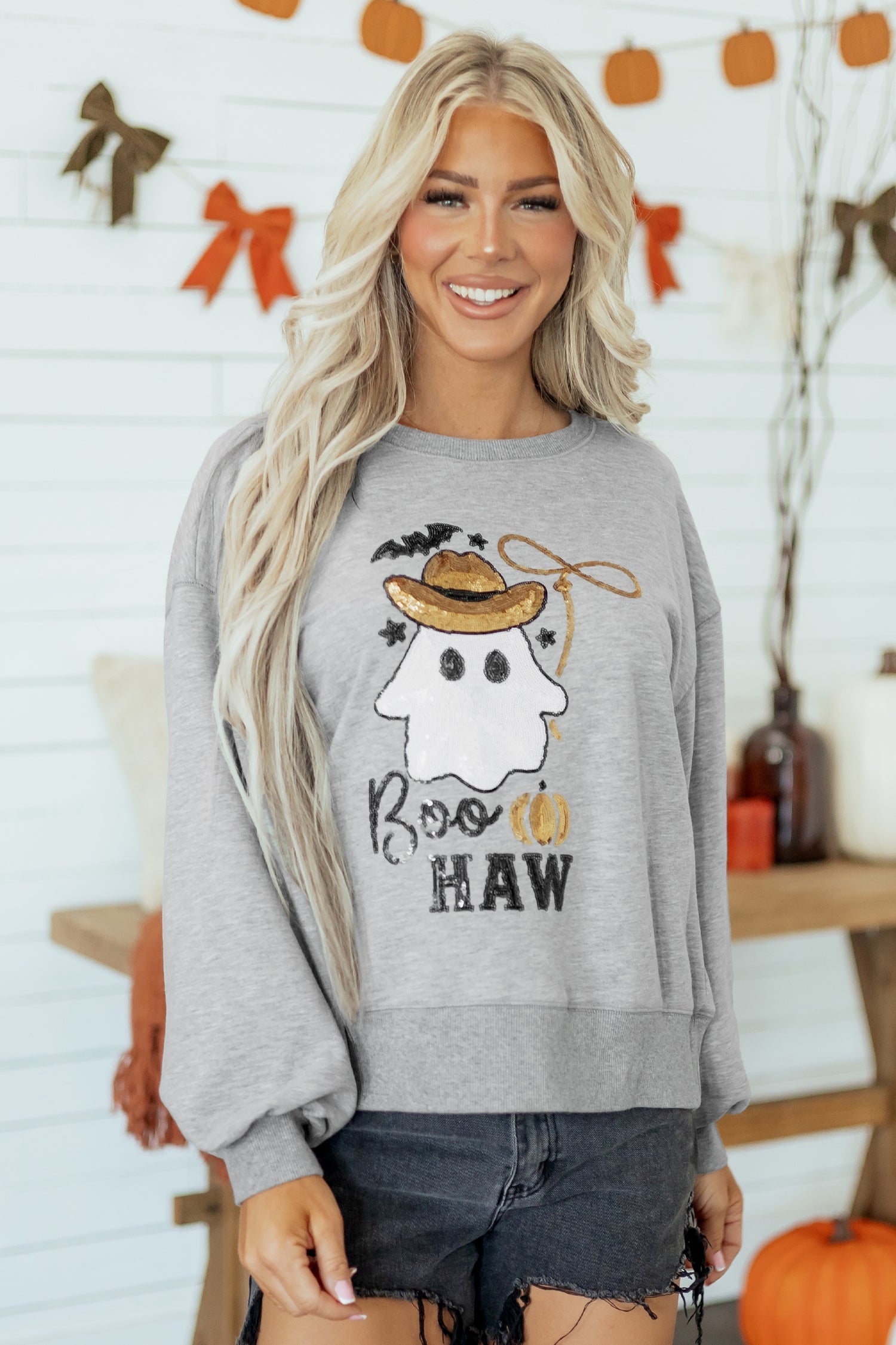 Grey Sequin Medium Sequin Western Ghost Print Sweatshirt