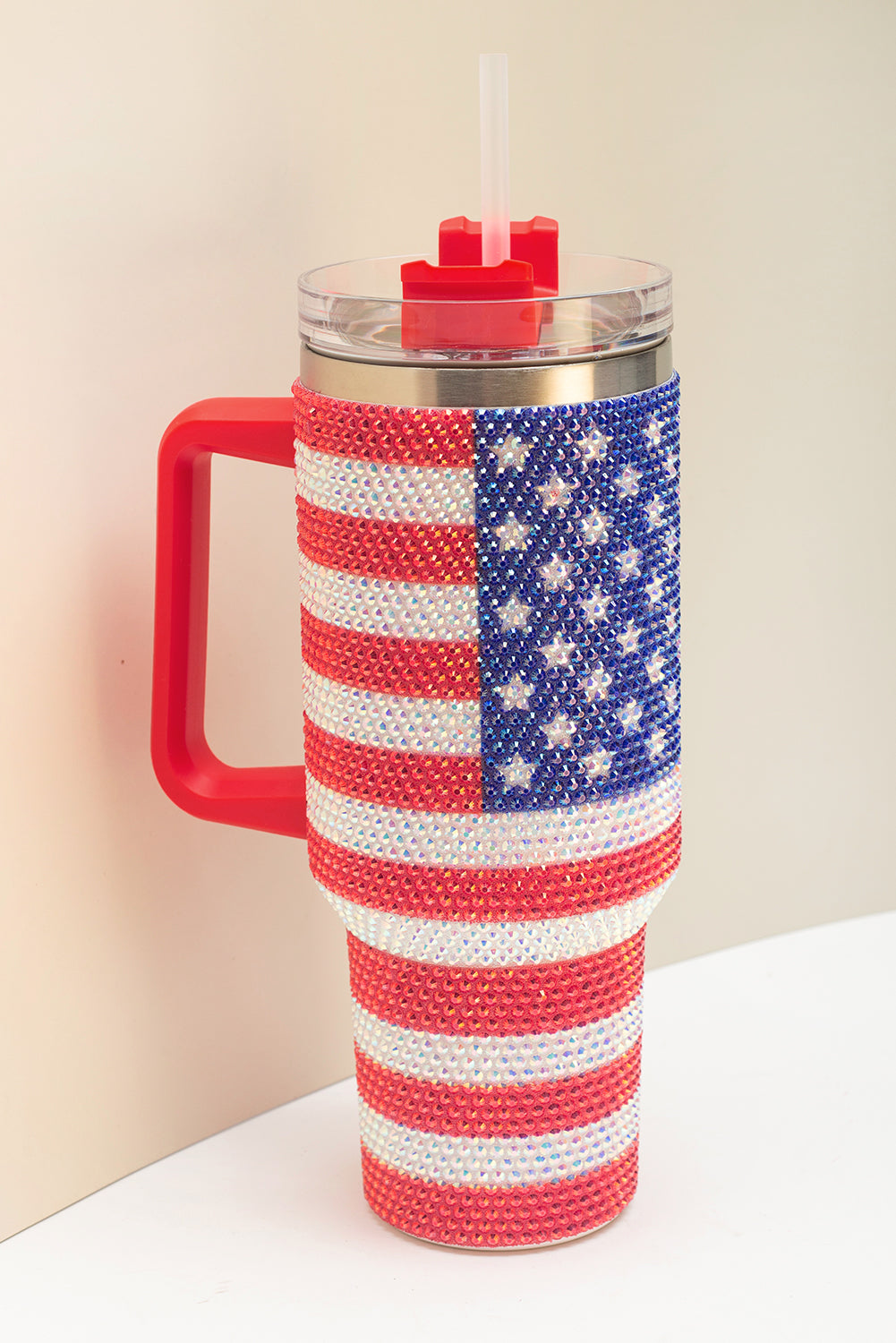 American Flag Rhinestone Flag Print Handled 40oz Thermos Tumbler