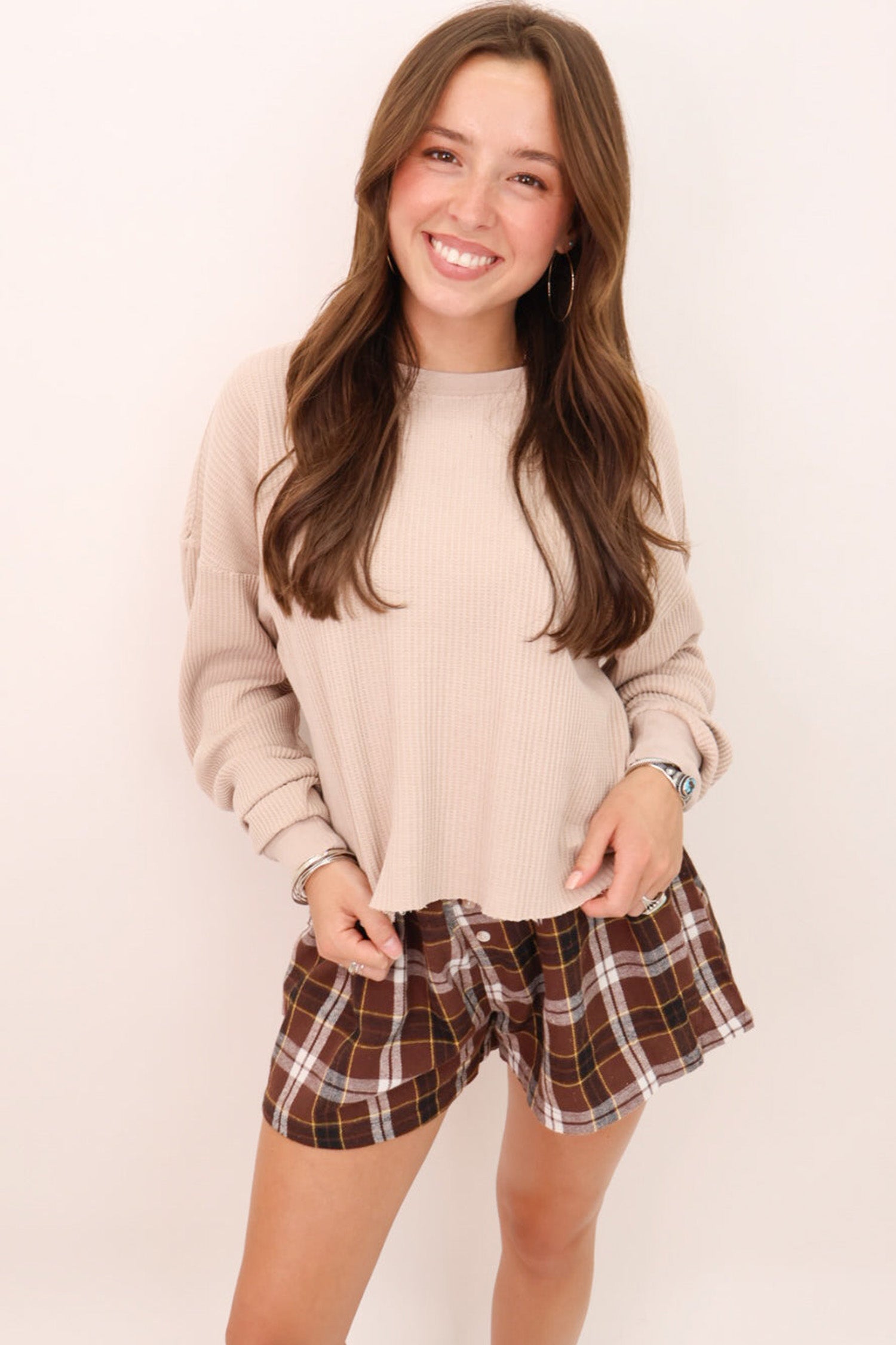 Button Front Plaid Front Elastic Waist Shorts in Brown
