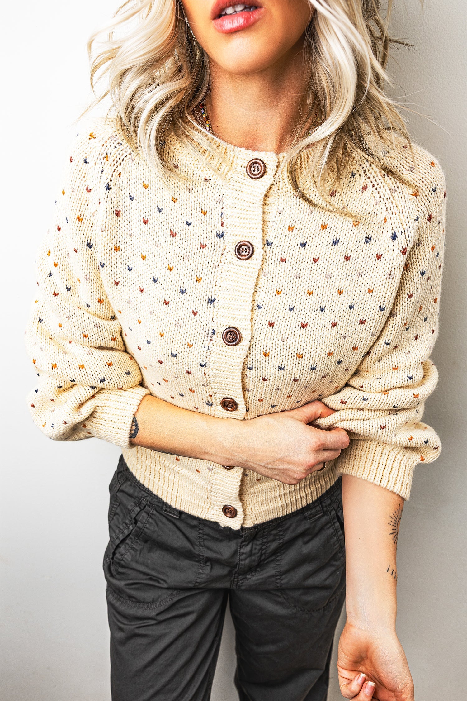 Print Button Geometric Button Front Timeless Fit Cardigan in Beige