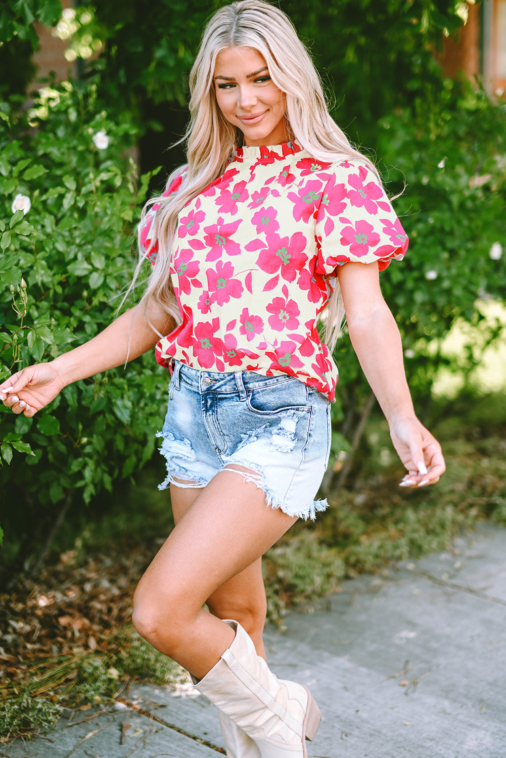 Women's Blouse with Floral-Print Frill-Trimmed Neckline