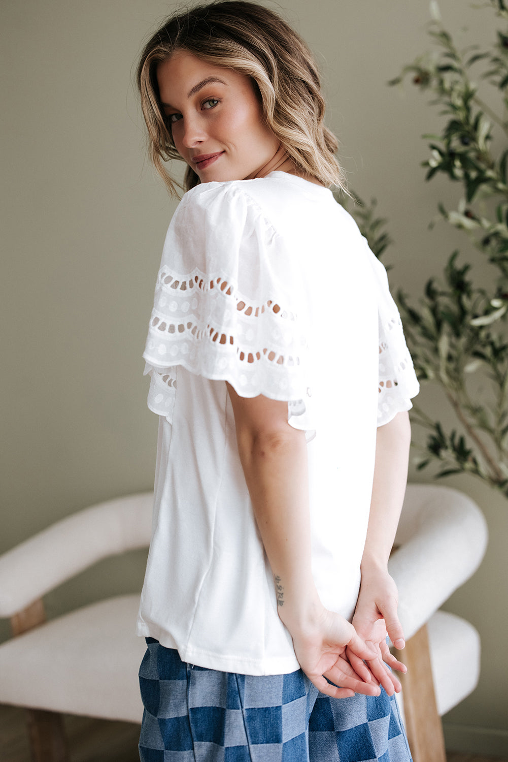 White Hollow Out Embroidered Short Sleeve Top
