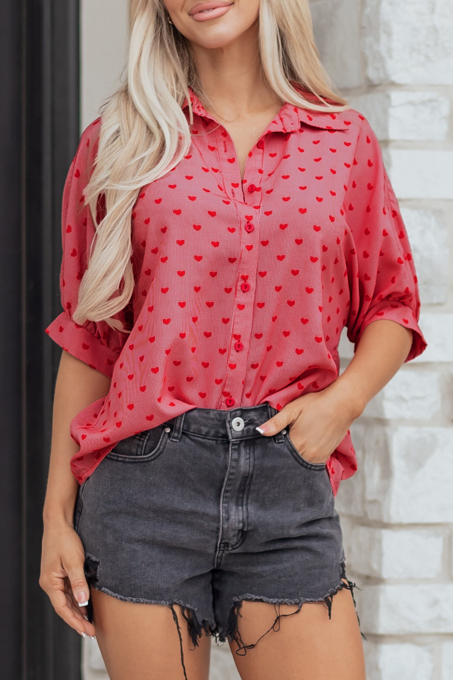 Shape Print Heart Print Half Sleeve Loose Valentine Shirt
