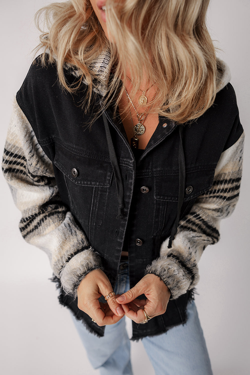 Denim Jacket with Plaid-Patterned Sleeve Frayed Hem Hooded