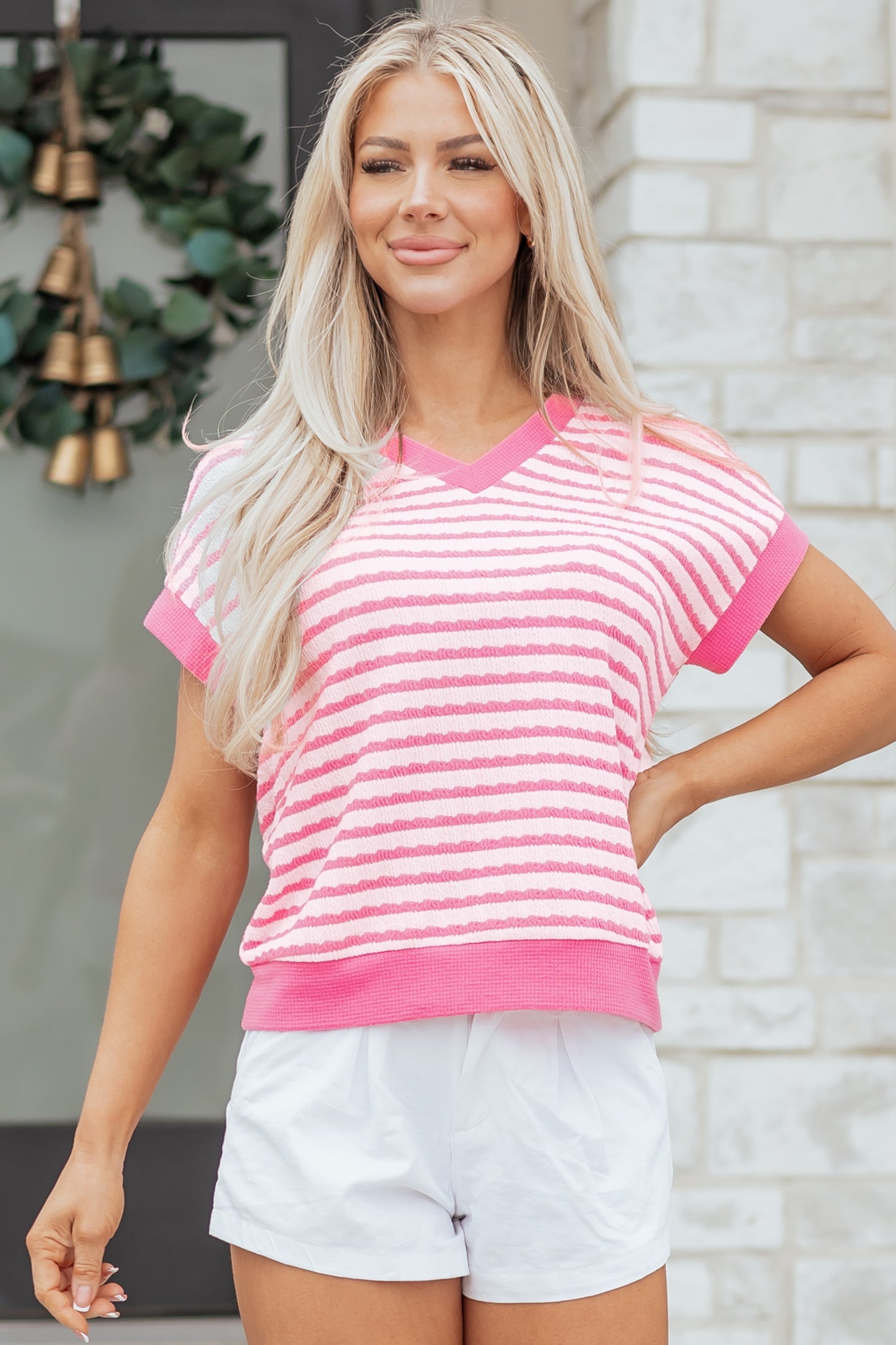 Cute Knit Pink Textured Contrast Trim Short-Sleeved Top
