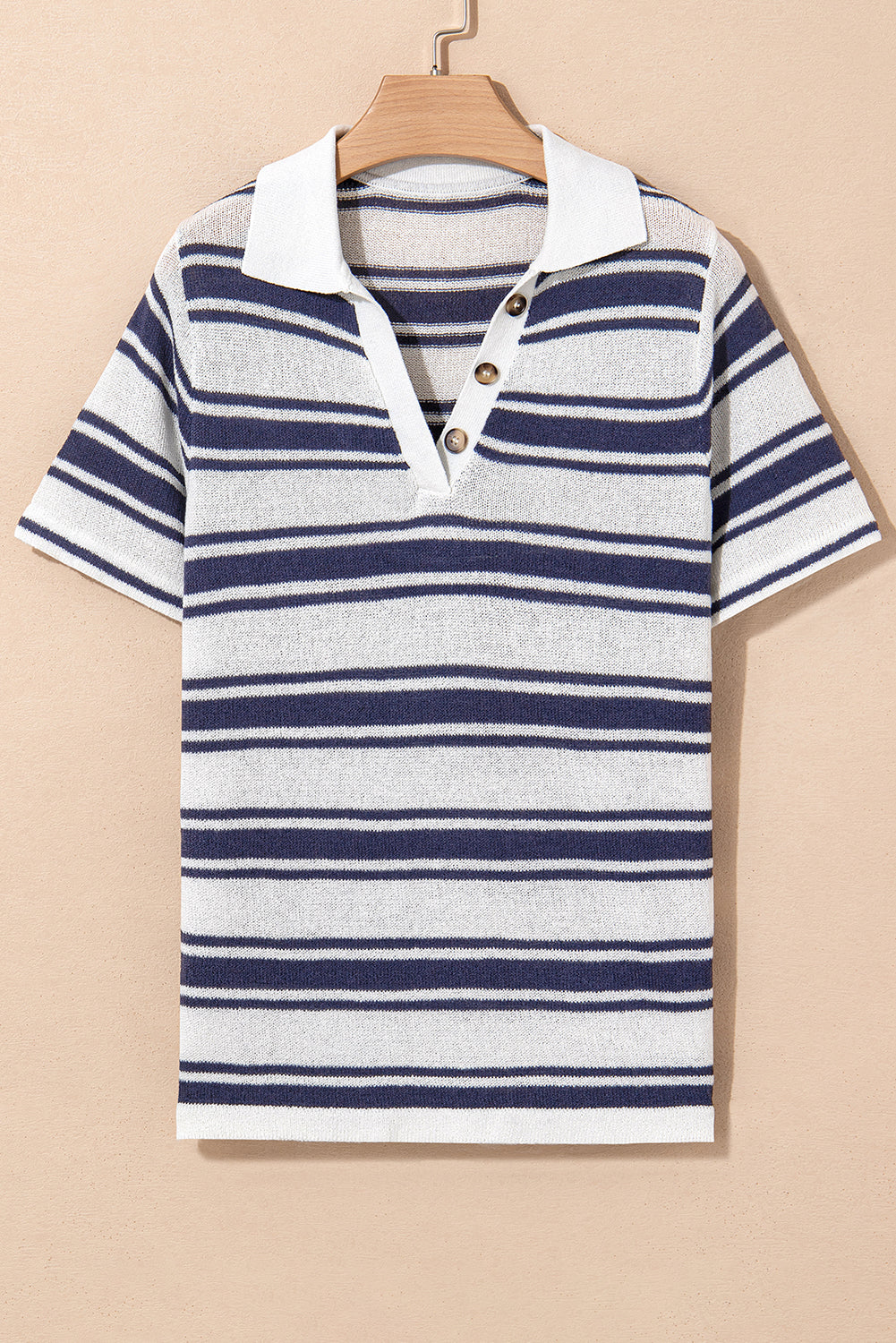 Stripe Collared Button V Neck Knitted T Shirt