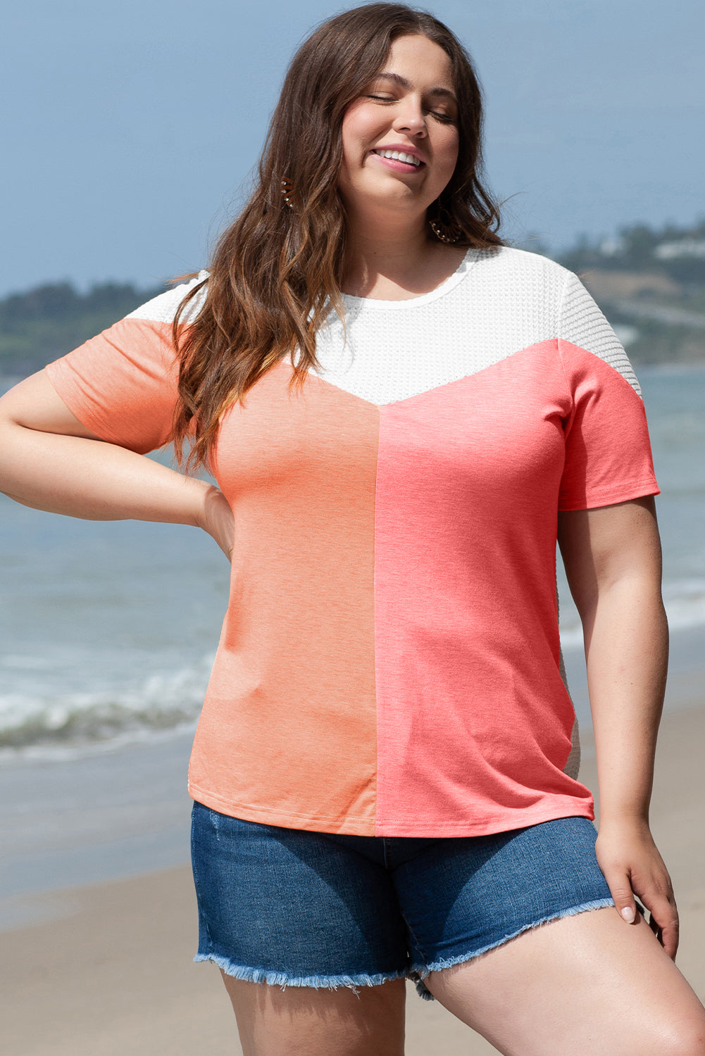 T-shirt en tricot gaufré color block de grande taille