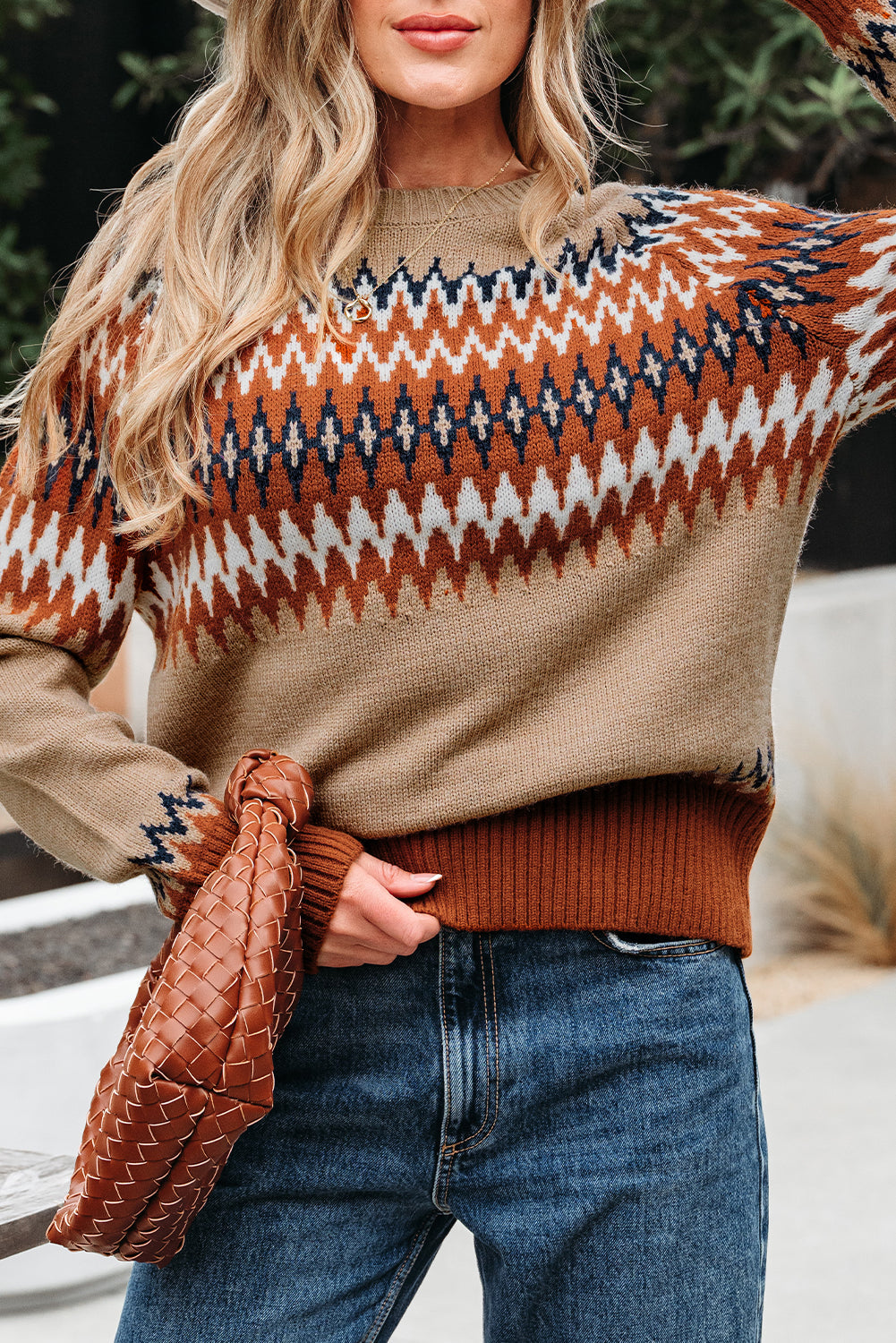 Colorblock Aztec Print Crew-Neck Knit Top