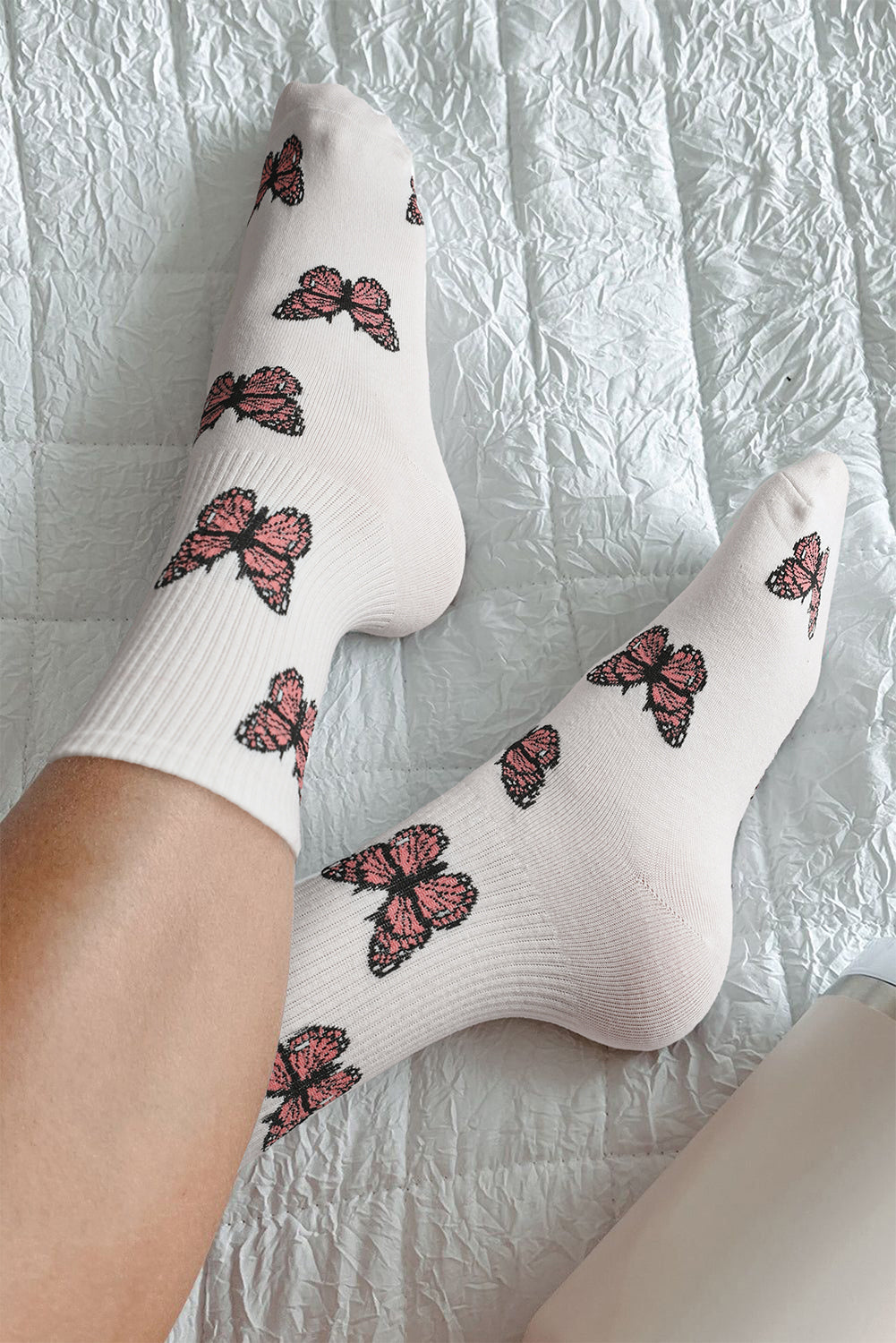 Pattern Rib-Knit Butterfly Rib-Knit Edge Soft Crew Socks