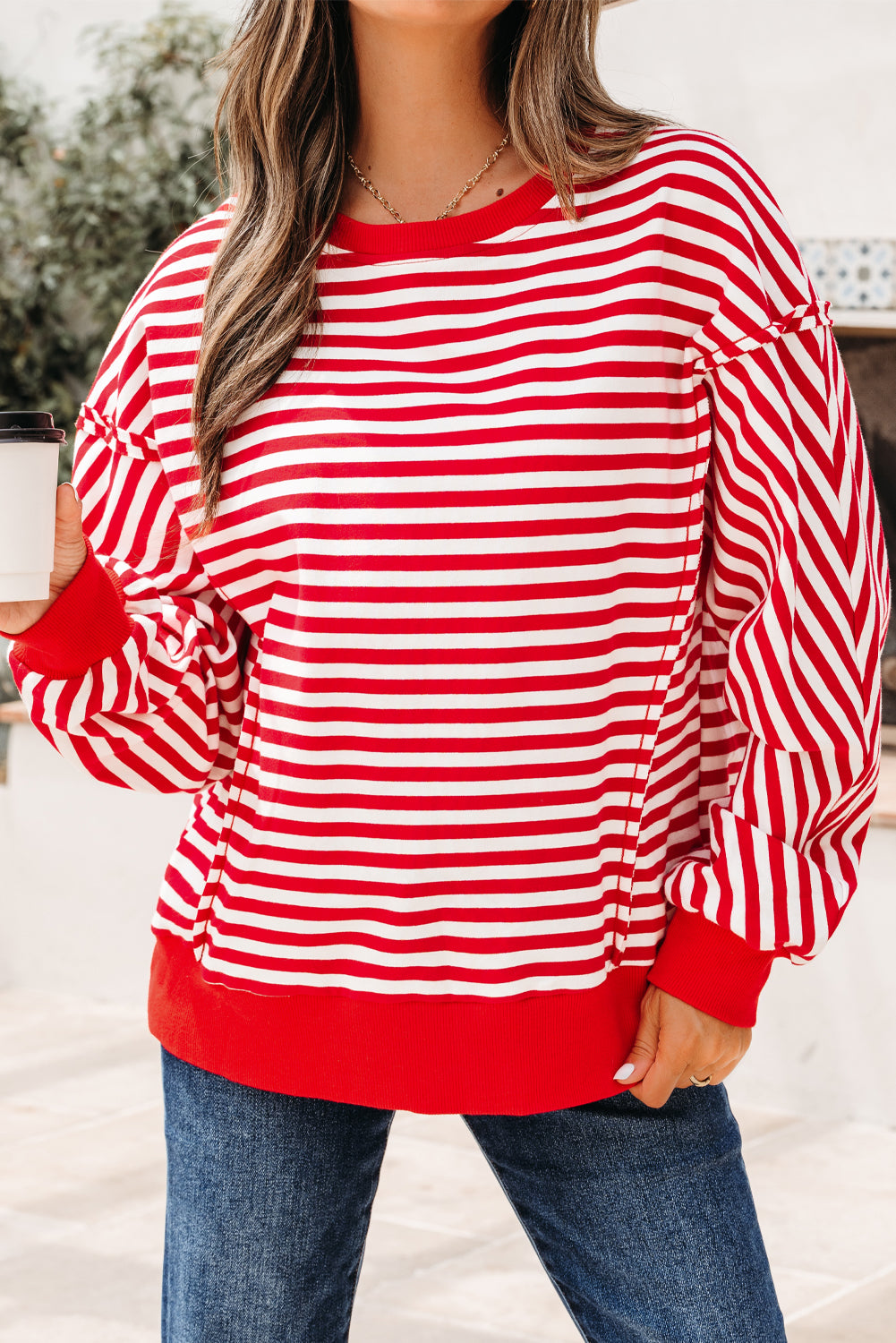 Exposed Seam Stripe Seam Cotton Everyday Pullover Top in Red