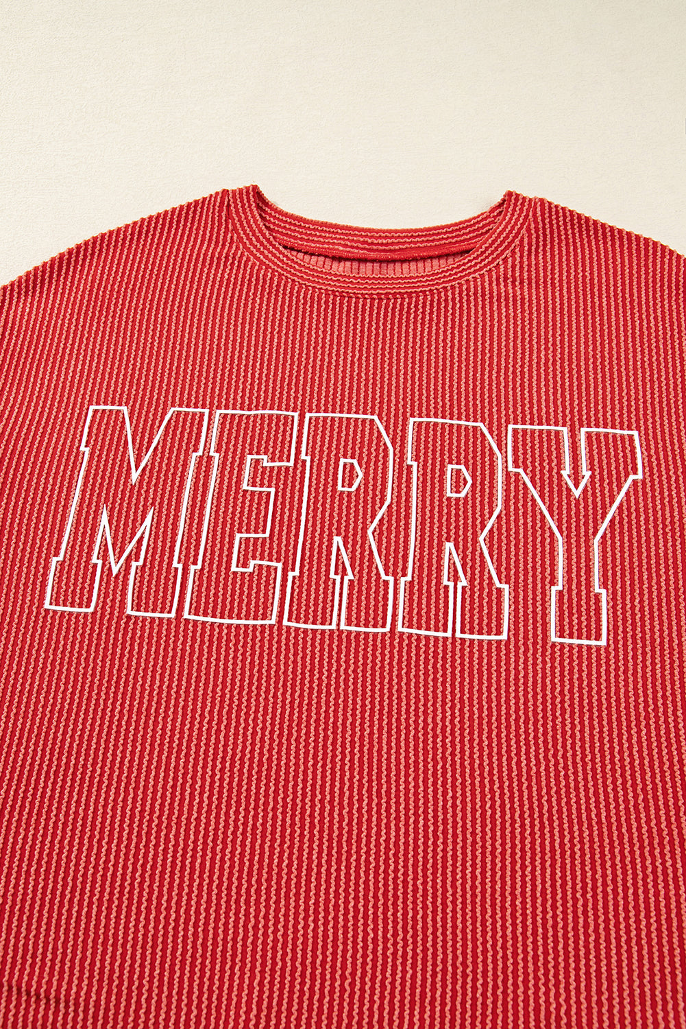 Outlined Twisted Rib Merry Letter Graphic Loose Long-Sleeved Top