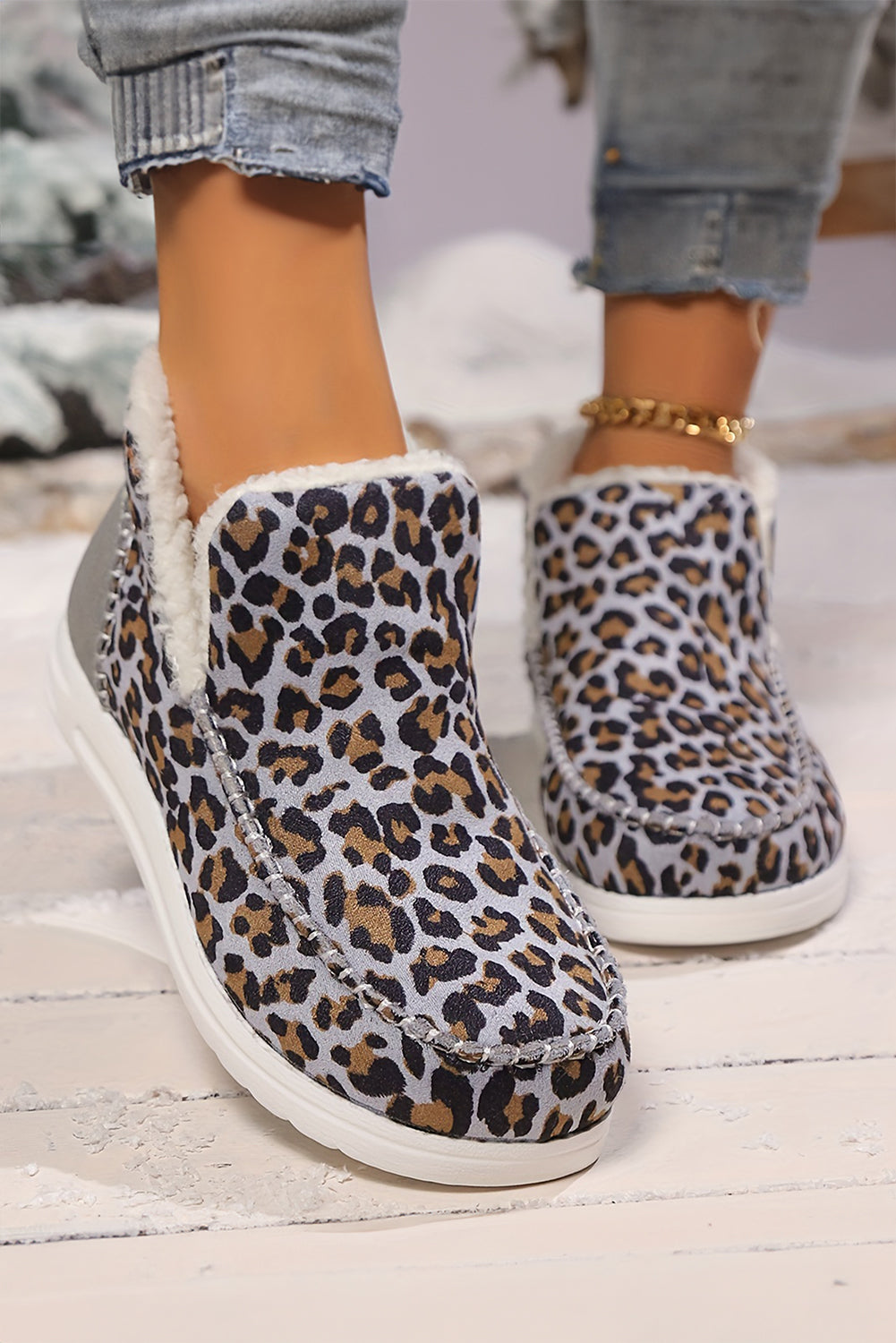 Patched Leopard-Print Ankle Flat Winter Fur Boots