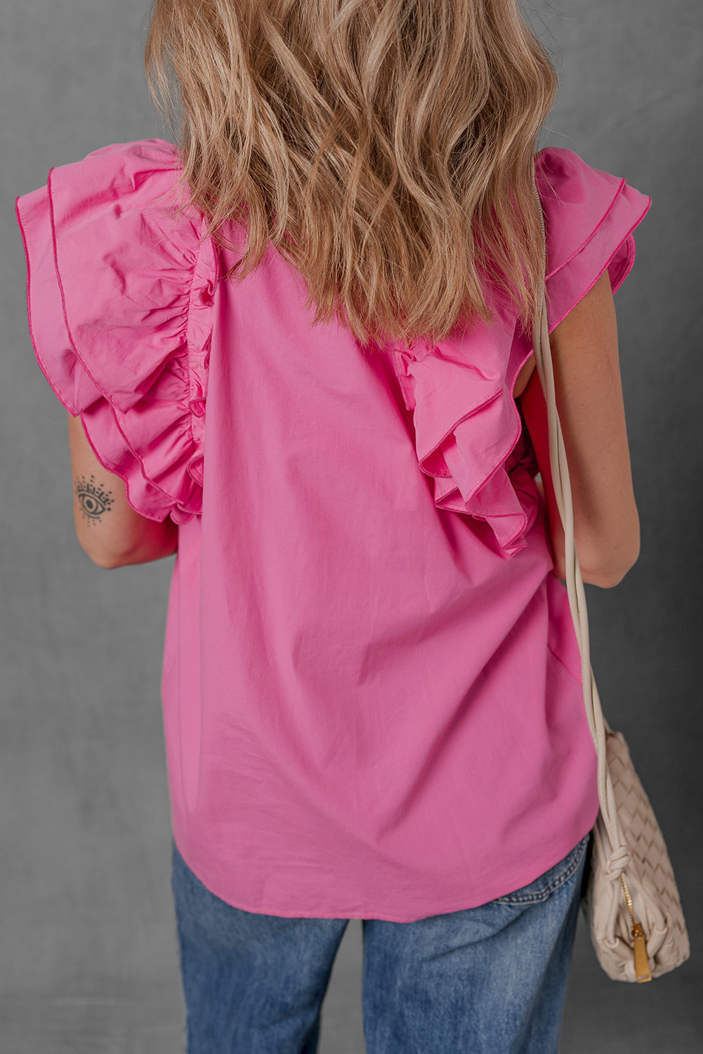 Pink Shirred Yoke Lace up V Neck Ruffled Sleeve Blouse