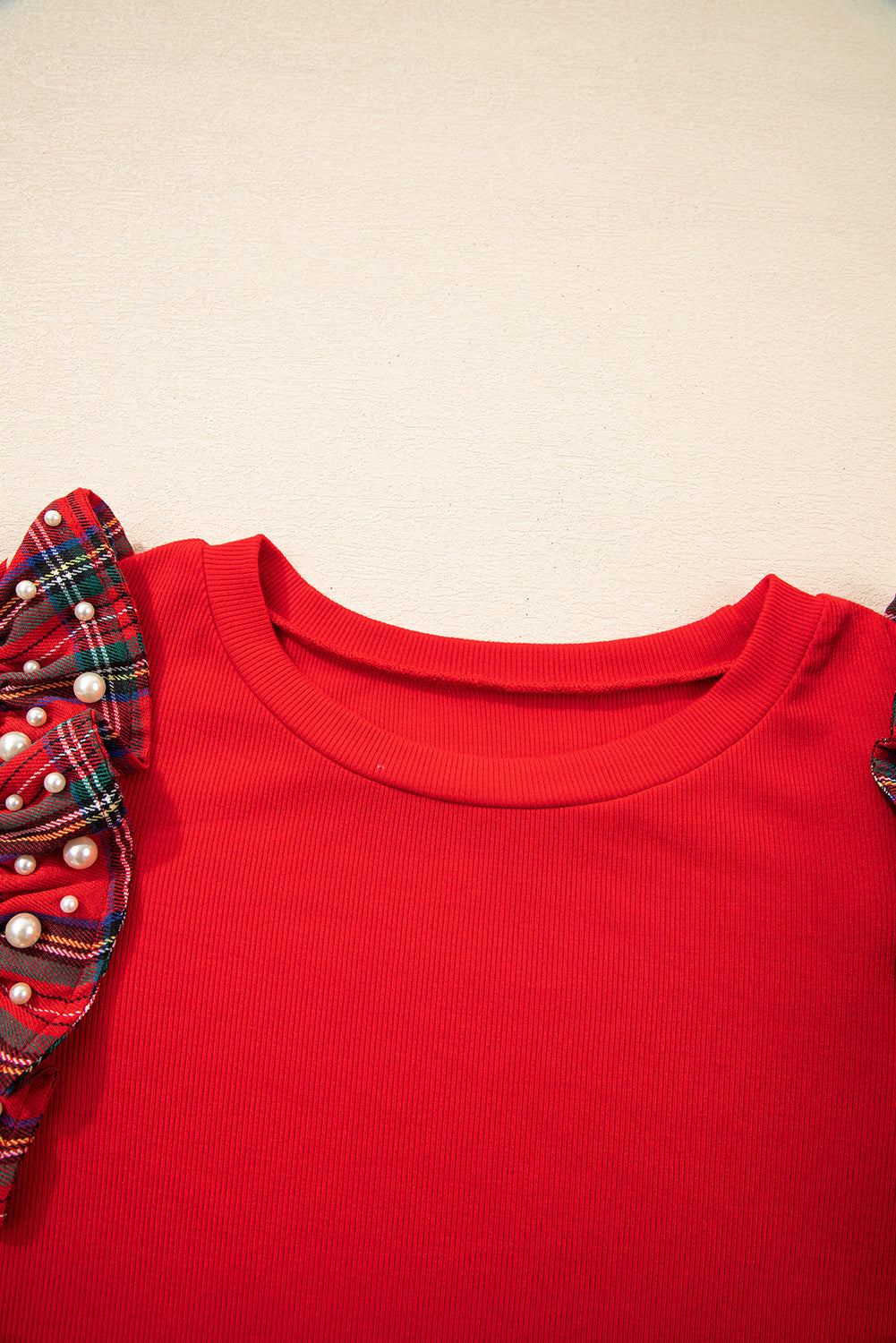 Ruffle Plaid Pearl Short-Sleeved Loose T Shirt in Red