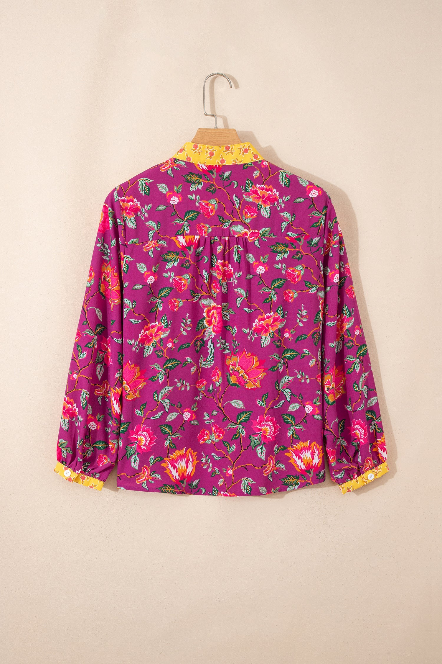 Contrast V-Neck Placket Split Floral Blouse