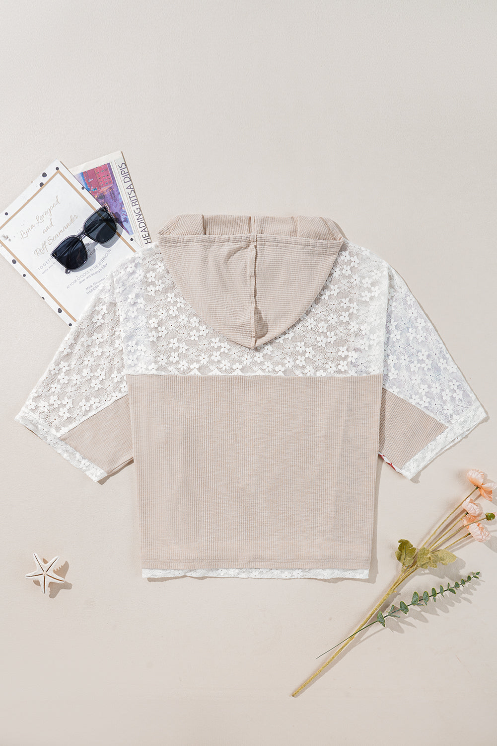 Floral Peace Sign Graphic Lace Patch Ribbed Plus Size Hooded Top