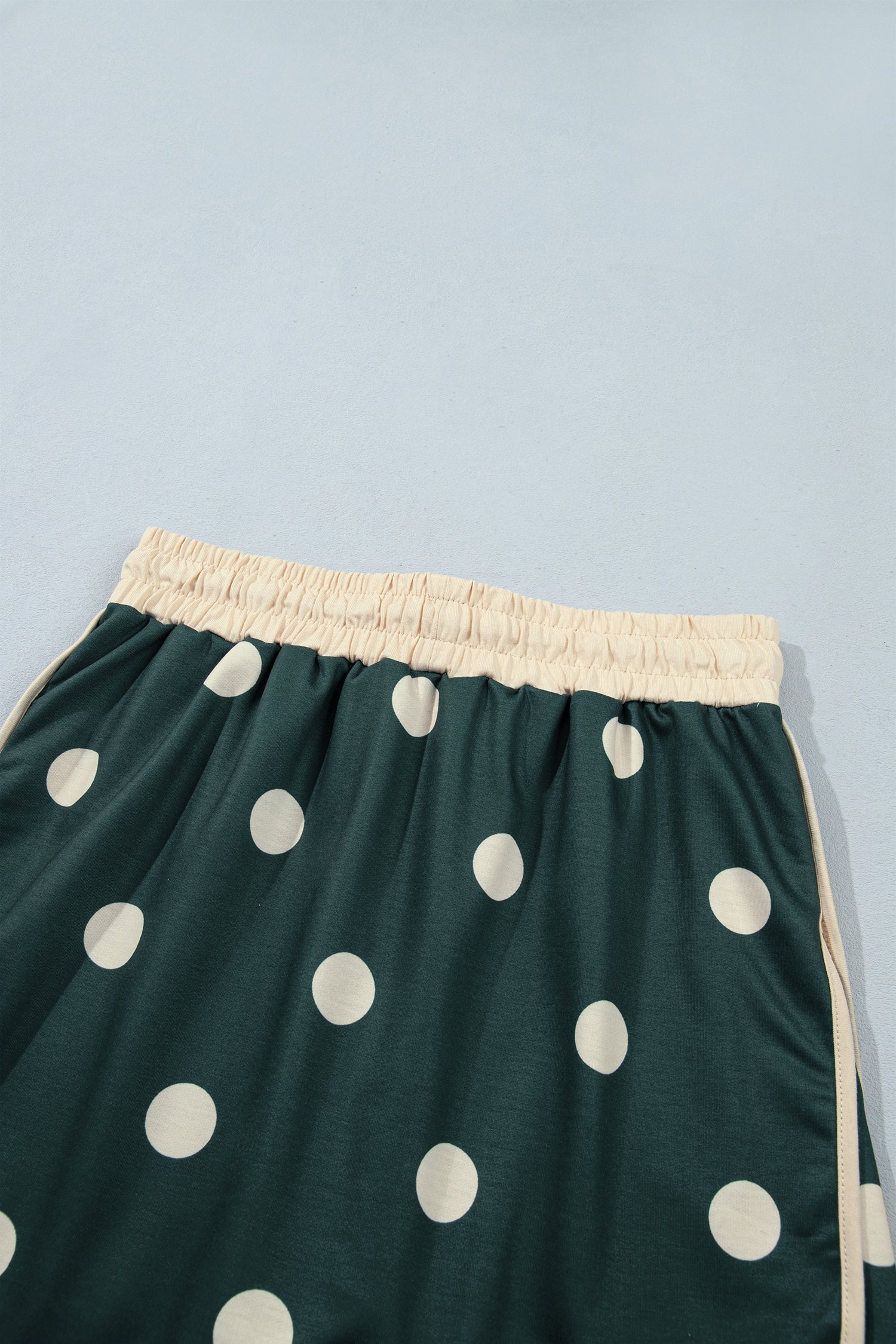 Trim Polka-Dot Print Baggy Pullover Drawcord Skirt 2-Piece Outfit in Green