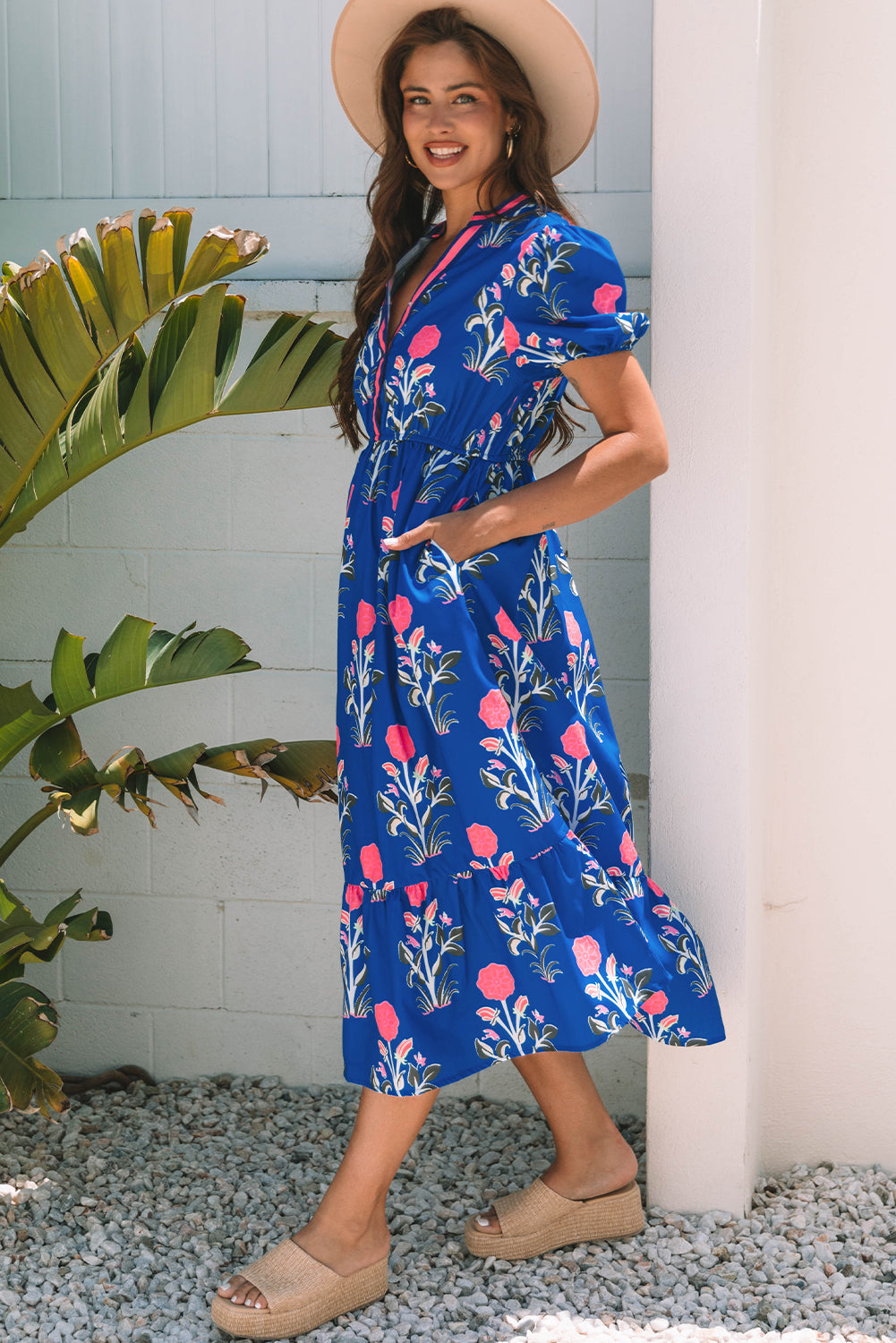 Short-Sleeved Floral Puff Maxi Dress in Blue