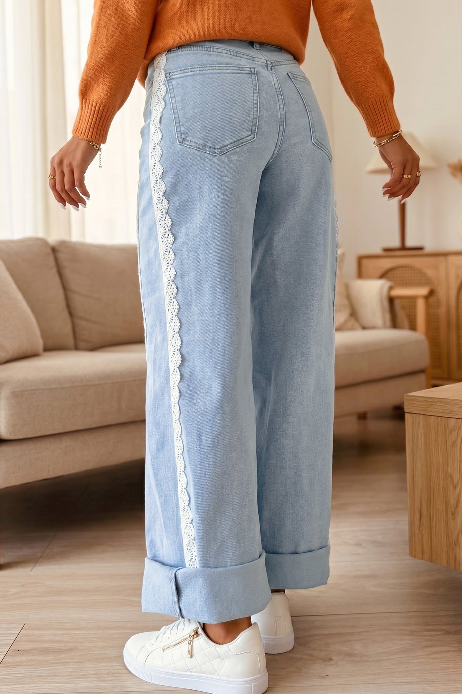 Lace Trim Everyday Full-Length Timeless Fit Jeans in Beau Blue