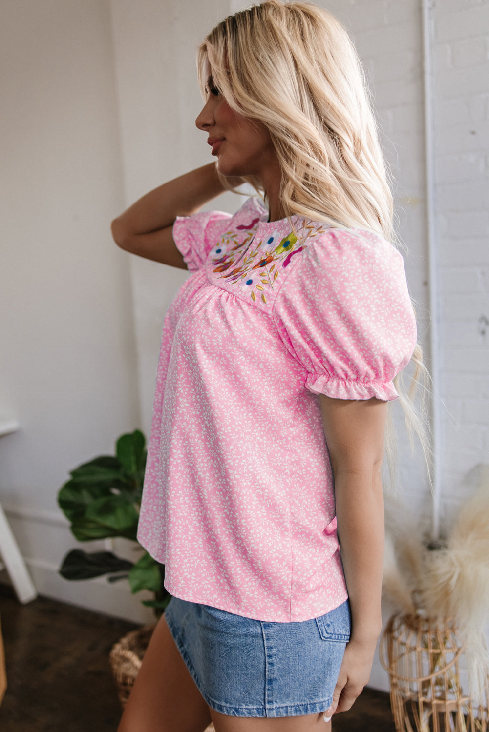 Puff Floral Embroidered Sleeve Notched V-Neck Blouse