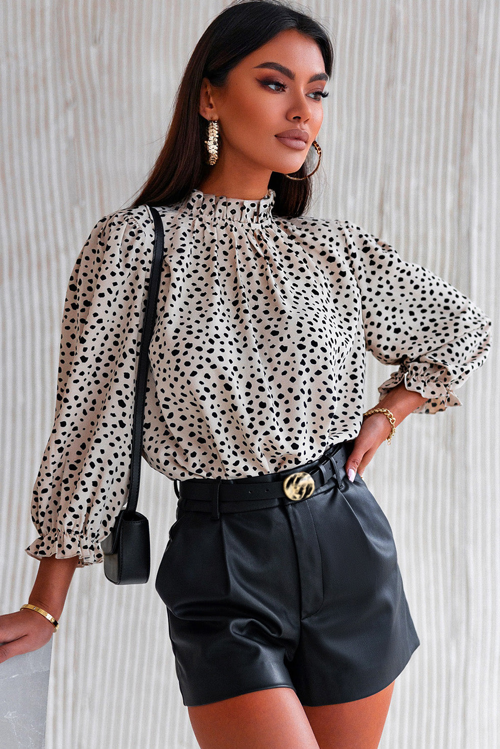 Women's Frill-Trimmed Neck 3/4 Sleeves Cheetah Blouse