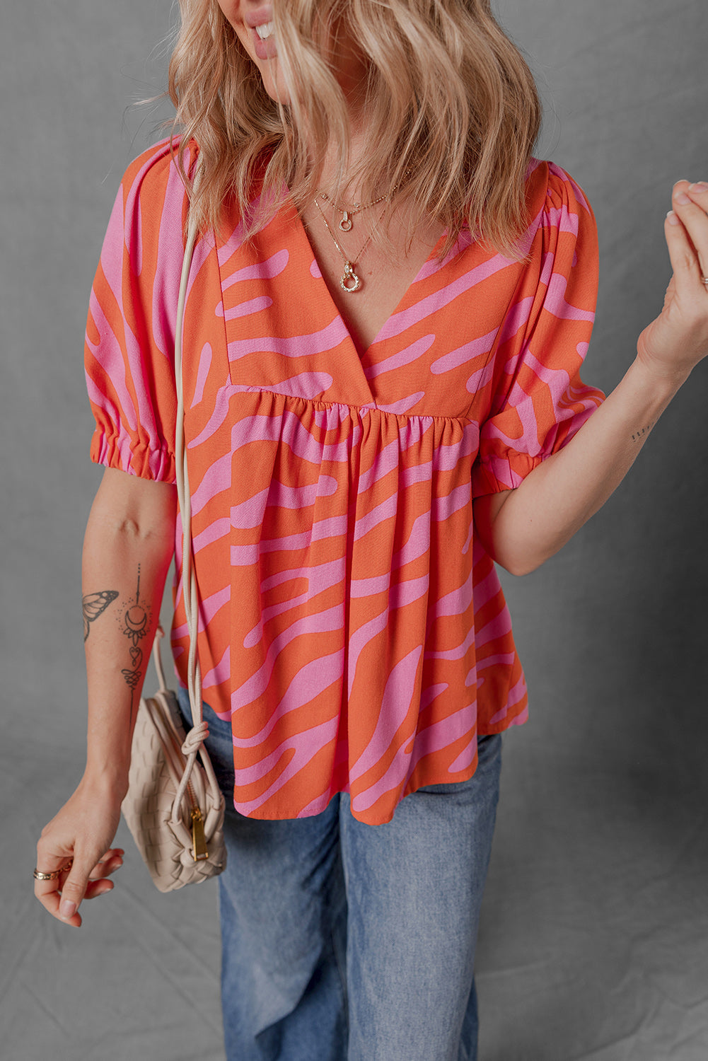 Zebra Ruched Stripe Print Cuff Half Sleeve V-Neck Blouse