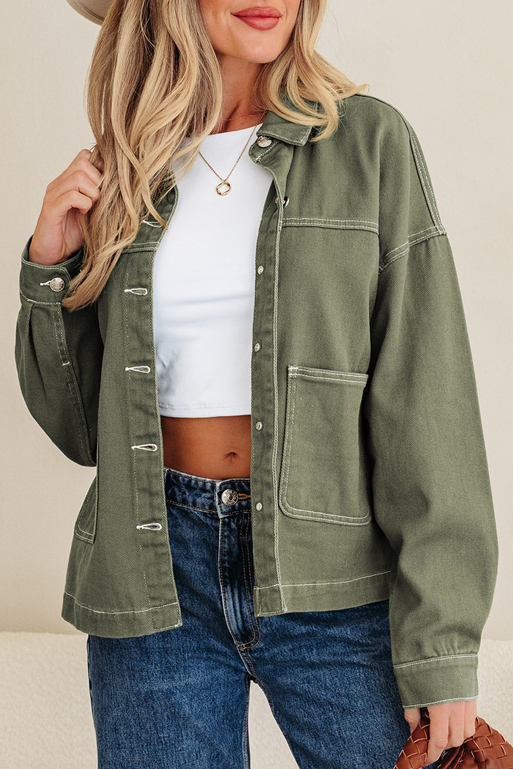 Collared Patched Pocket Button Front Boyfriend Denim Jacket