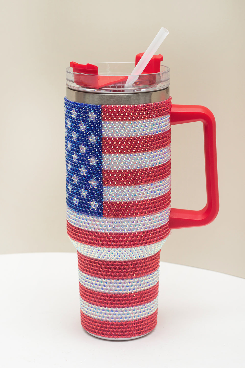 American Flag Rhinestone Flag Print Handled 40oz Thermos Tumbler